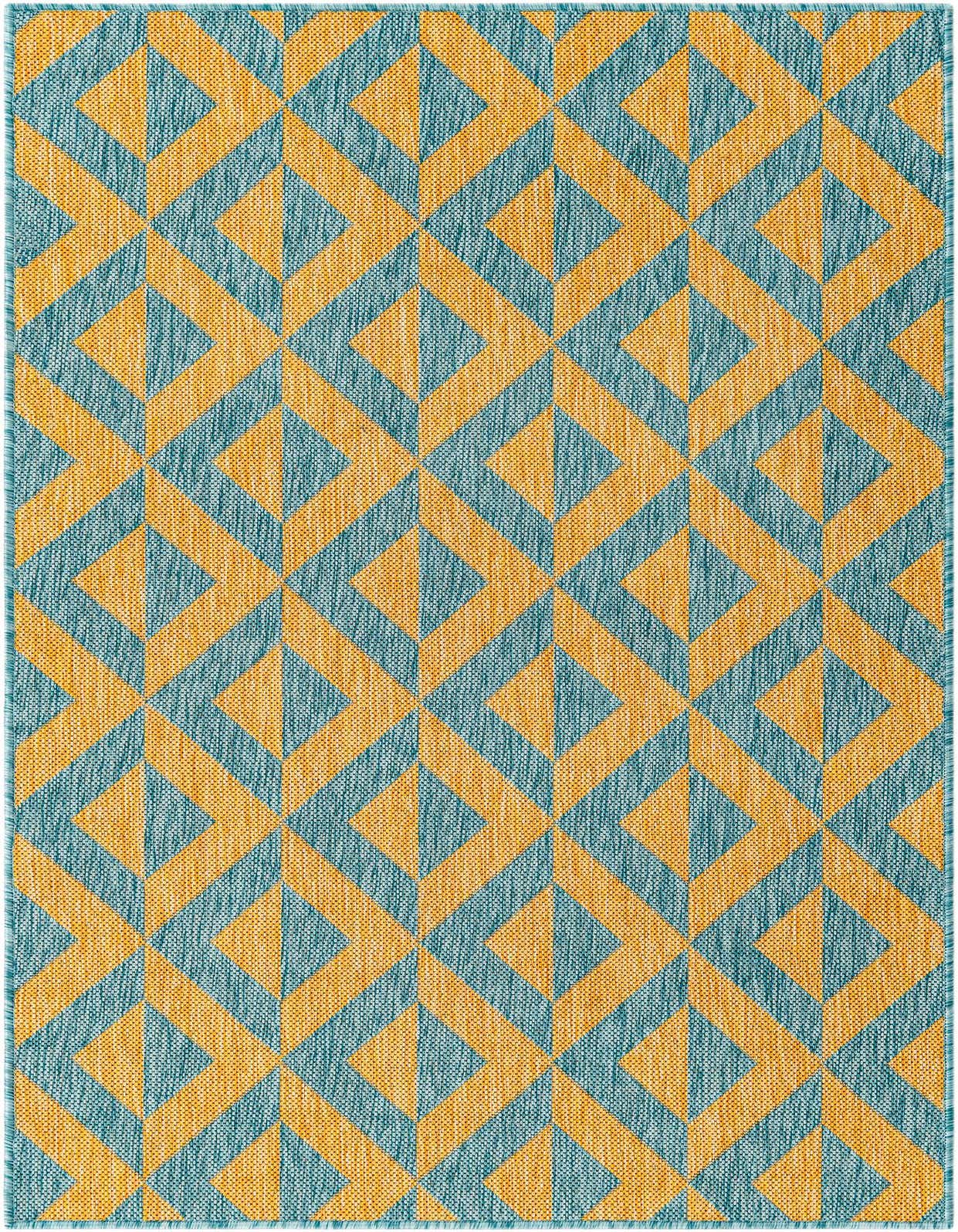 A 3x5 rectangular Jill Zarin Outdoor rug featuring a vibrant blue and gold geometric trellis pattern, suitable for indoor or outdoor use.