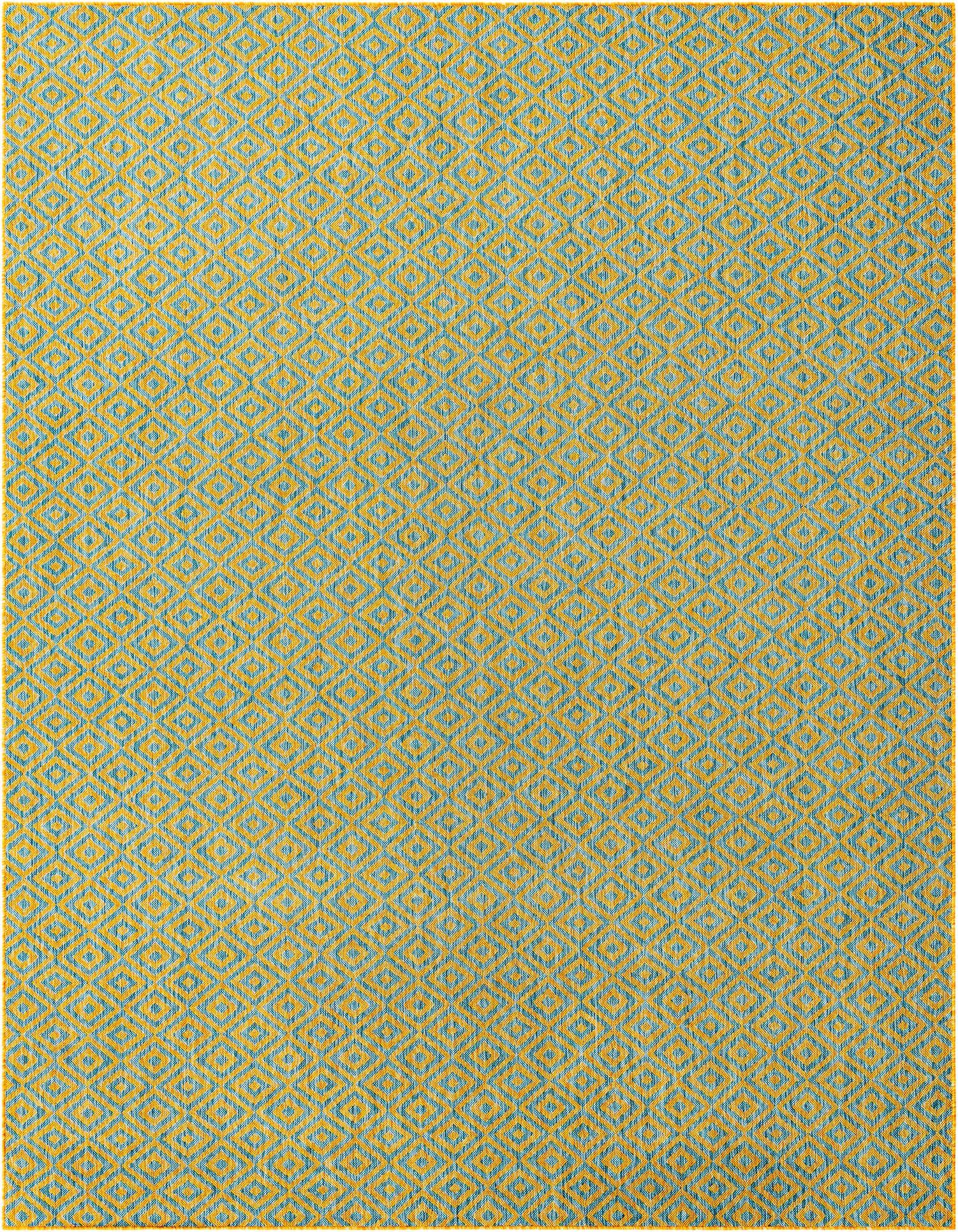 A 9x12 rectangular Jill Zarin Outdoor rug featuring a modern blue and gold trellis pattern on a textured flatweave.