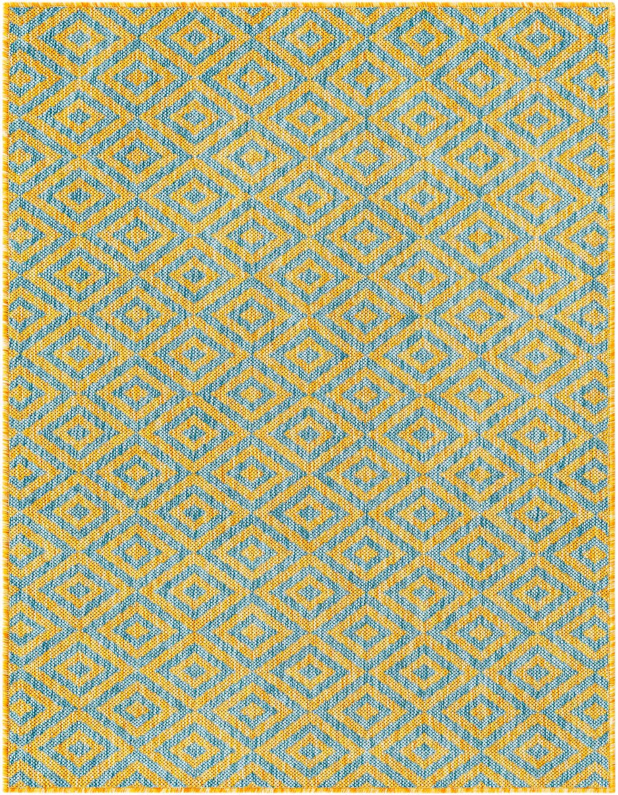 A 2x3 rectangular Jill Zarin Outdoor rug featuring a modern trellis pattern in blues and yellows, suitable for a patio.