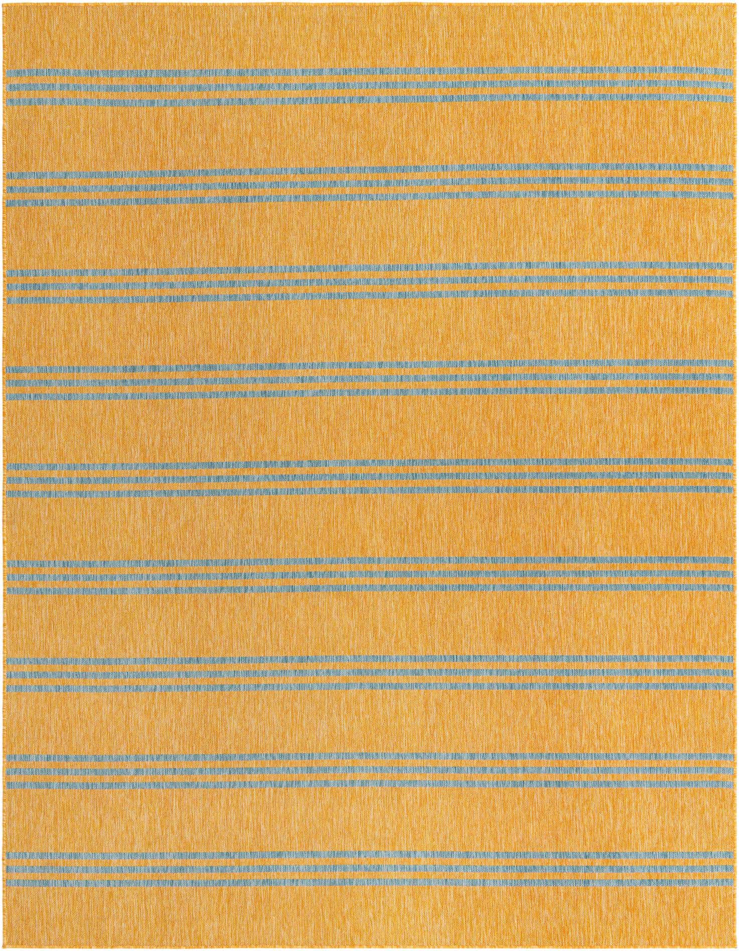A 9x12 rectangular indoor/outdoor rug featuring a modern stripe pattern in blue and white on a textured yellow-gold background.