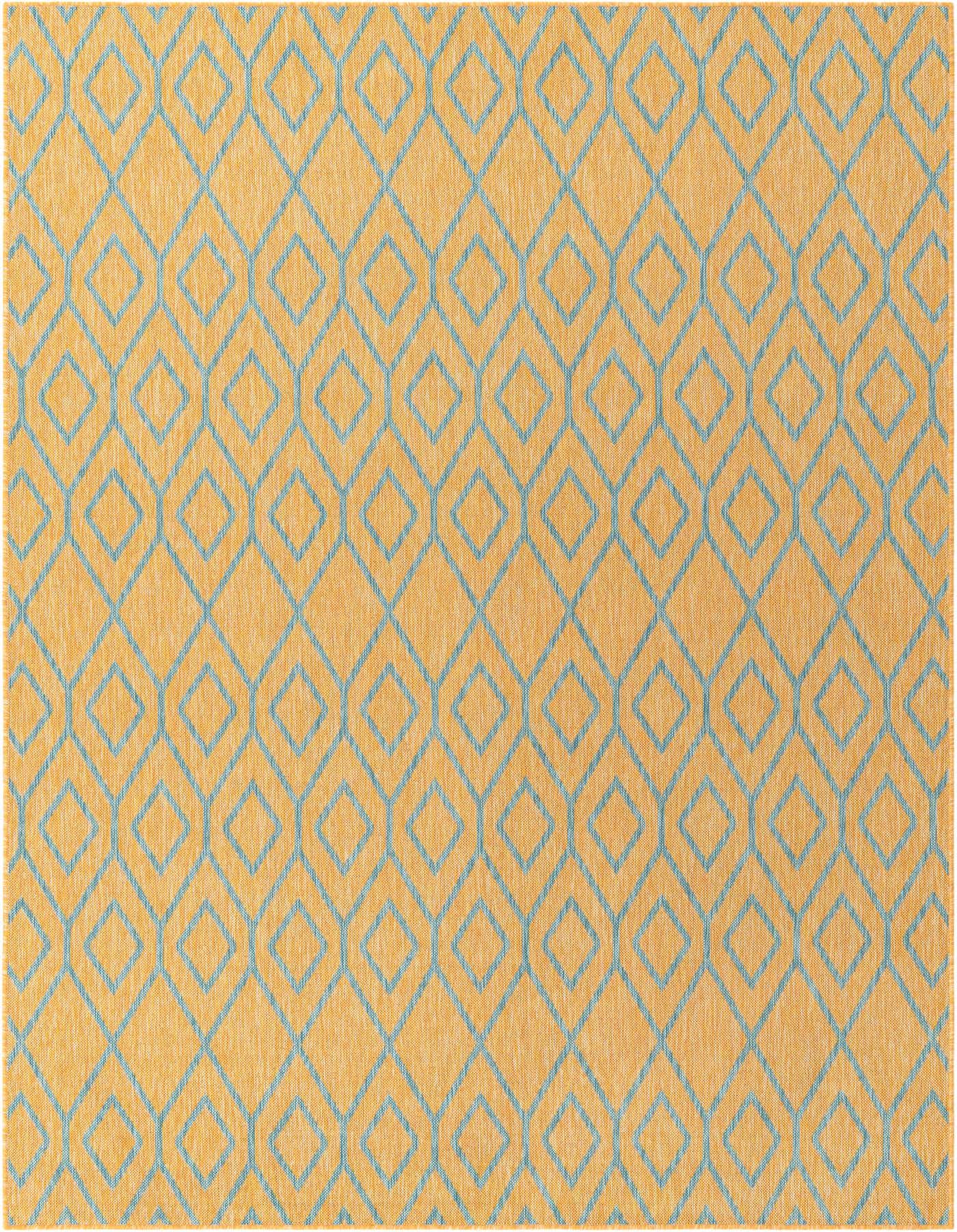 A 7x10 rectangular Jill Zarin Outdoor rug featuring a modern blue trellis pattern on a textured yellow-gold background.