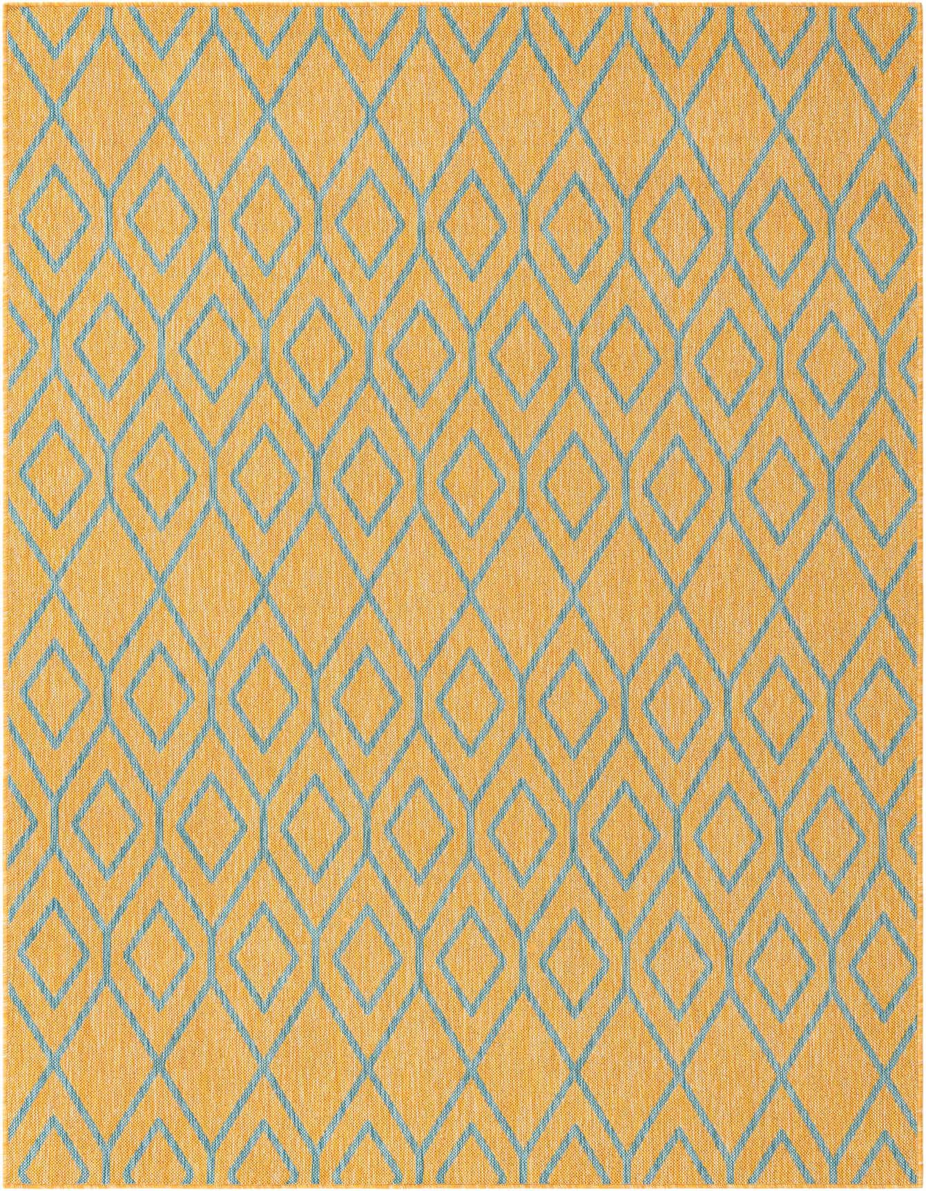A 6x9 rectangular Jill Zarin Outdoor rug featuring a modern blue trellis pattern on a textured yellow-gold background.