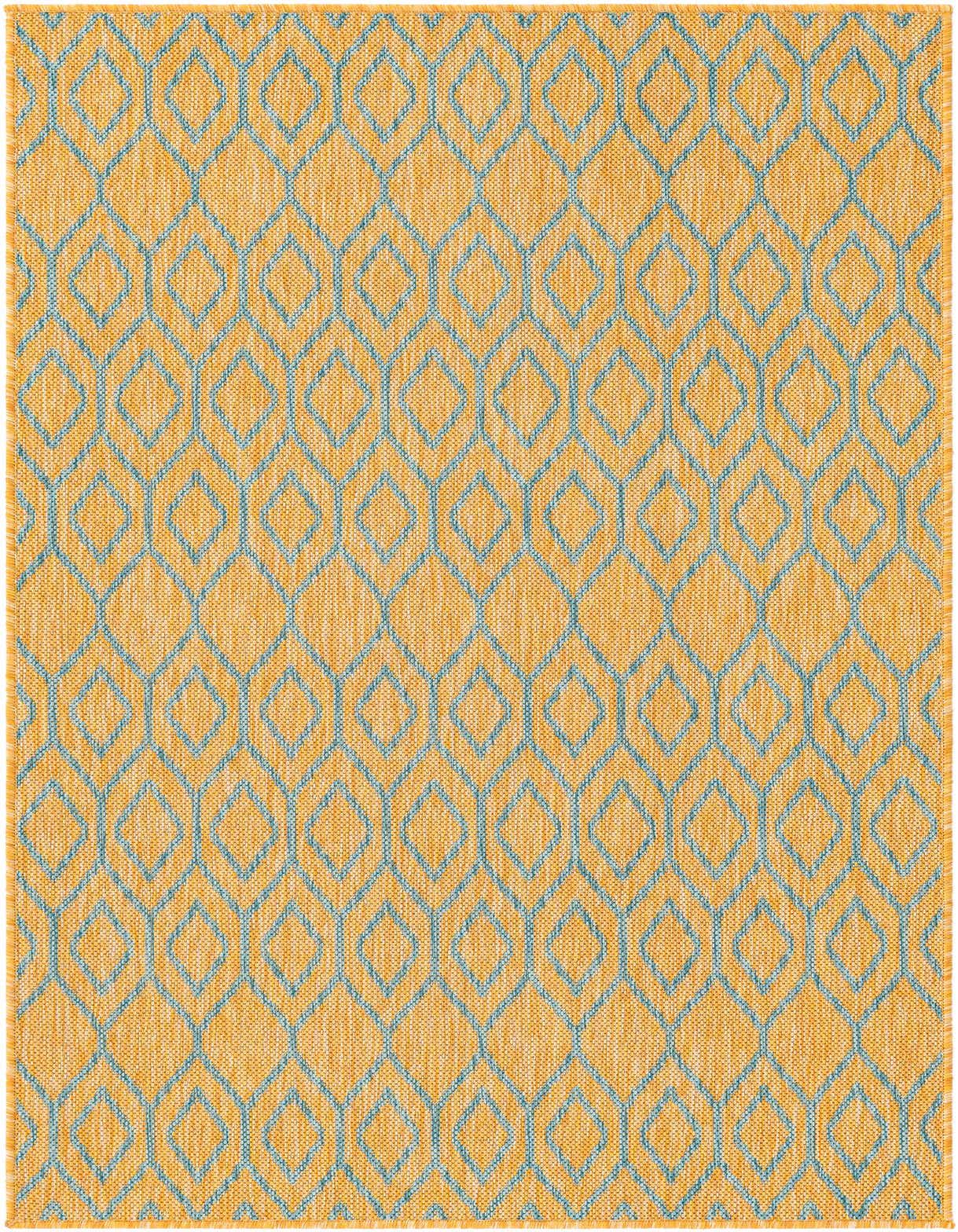 A 3x5 rectangular Jill Zarin Outdoor rug featuring a modern blue trellis pattern on a textured yellow background.