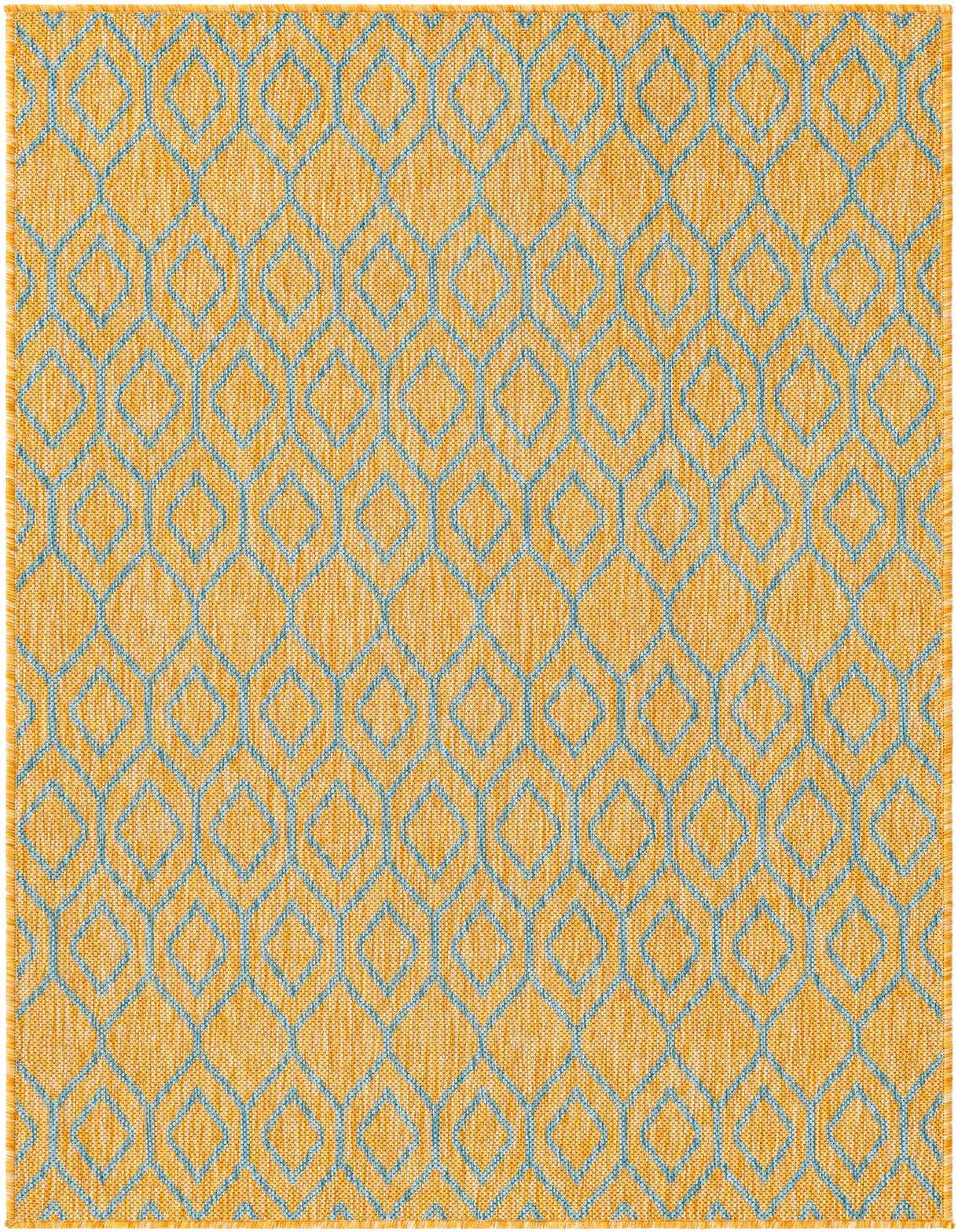 A 2x3 rectangular Jill Zarin Outdoor rug featuring a modern blue trellis pattern on a textured gold background, suitable for a patio.