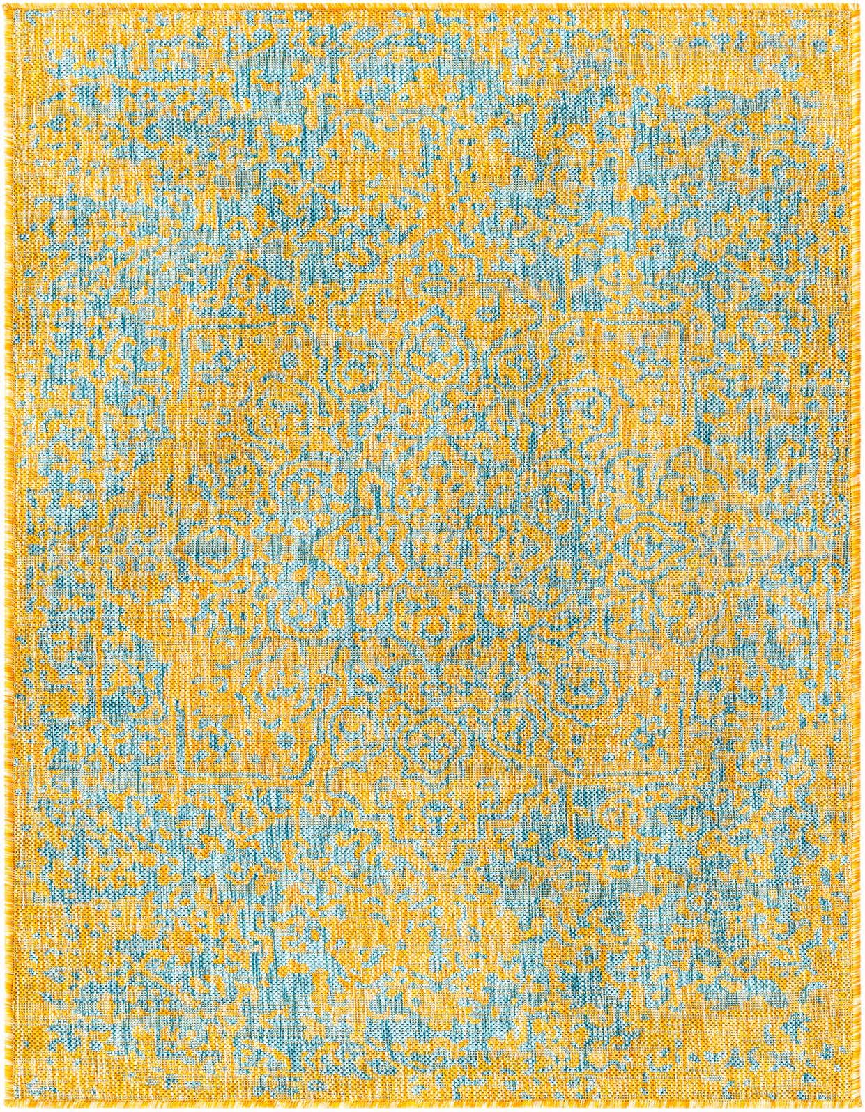 A 3x5 rectangular Jill Zarin Outdoor rug featuring a distressed medallion pattern in blue and gold, suitable for indoor or outdoor use.