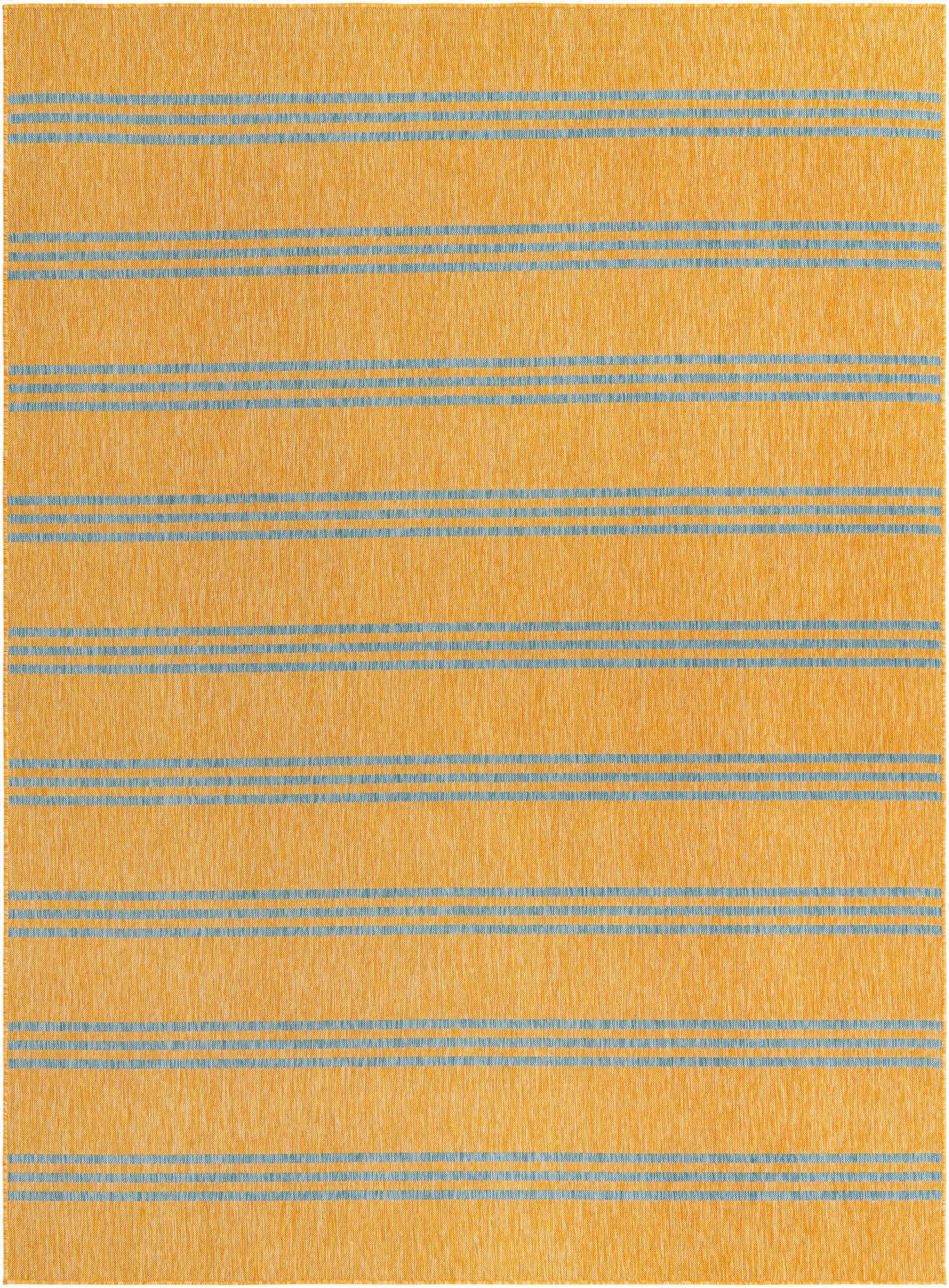 A 9x12 rectangular indoor/outdoor rug featuring a modern stripe pattern in blue and white on a textured yellow-gold background.