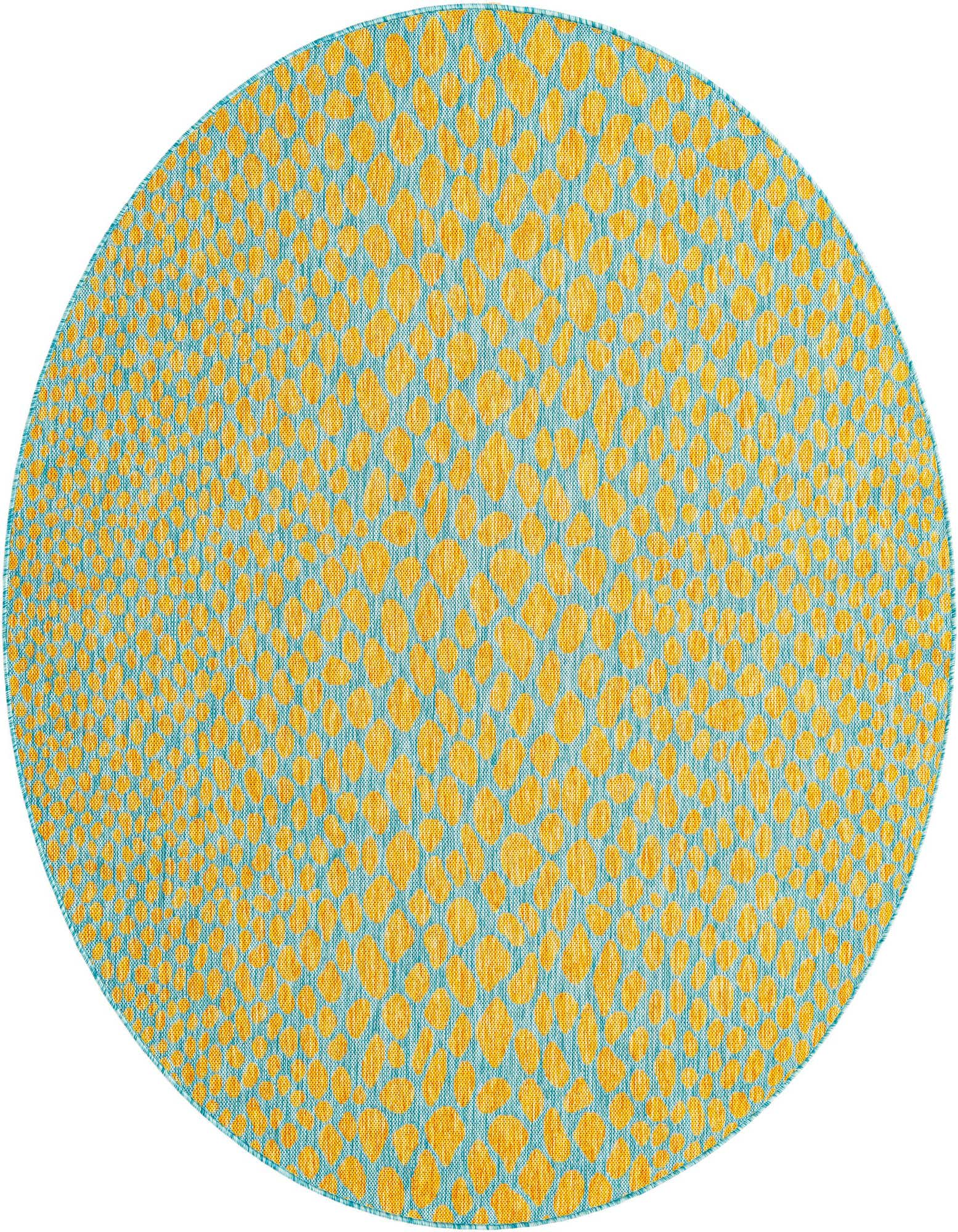 A 6' 7 round blue and yellow modern outdoor rug with a textured, irregular polka dot pattern.