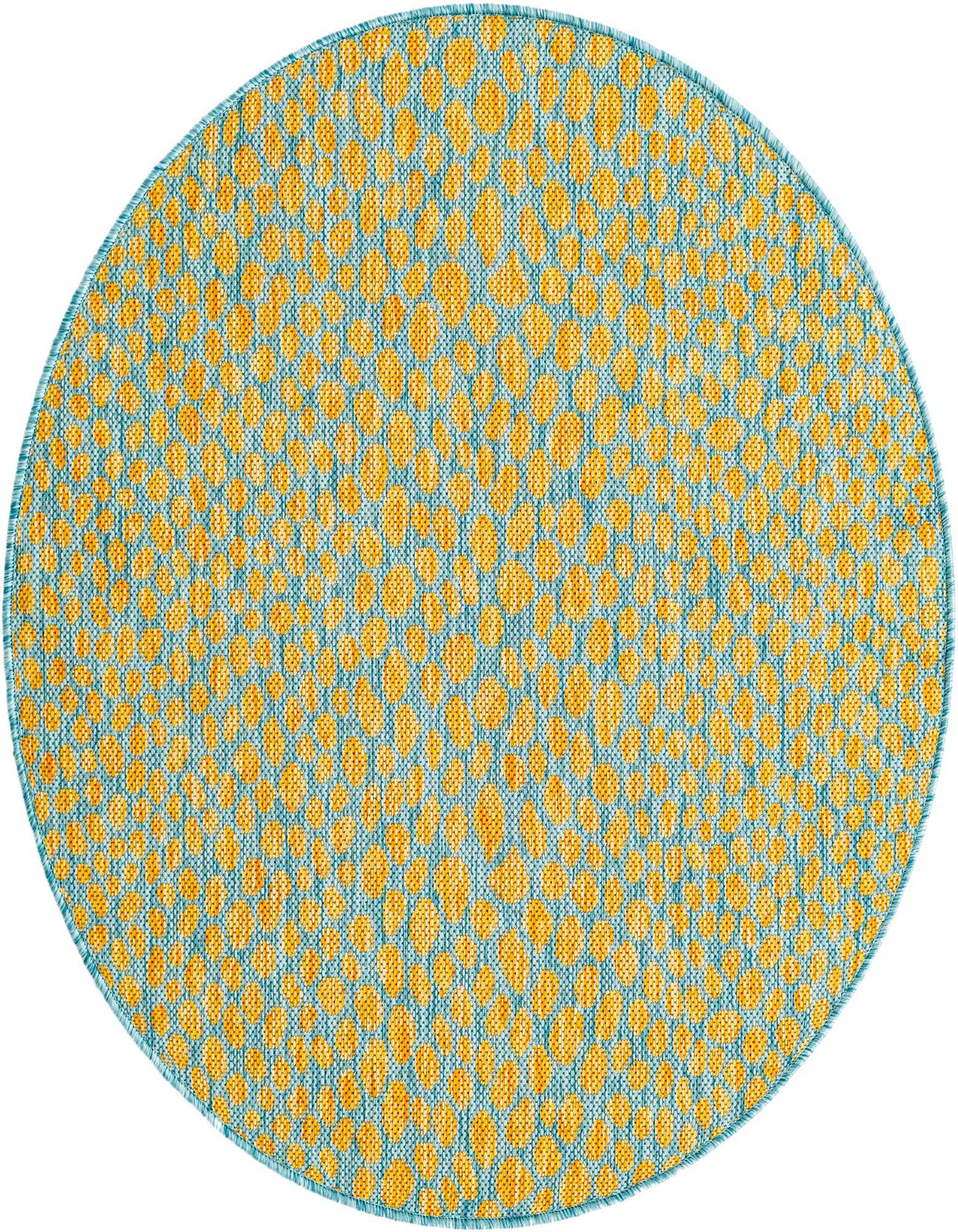 A 3' round blue and yellow modern outdoor rug with a textured, abstract dotted pattern, suitable for a patio.