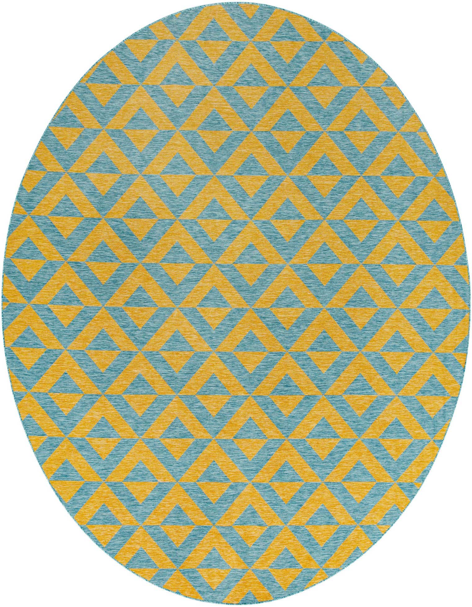 A 13' round Jill Zarin Outdoor rug featuring a repeating geometric trellis pattern in blue and gold, suitable for a patio.