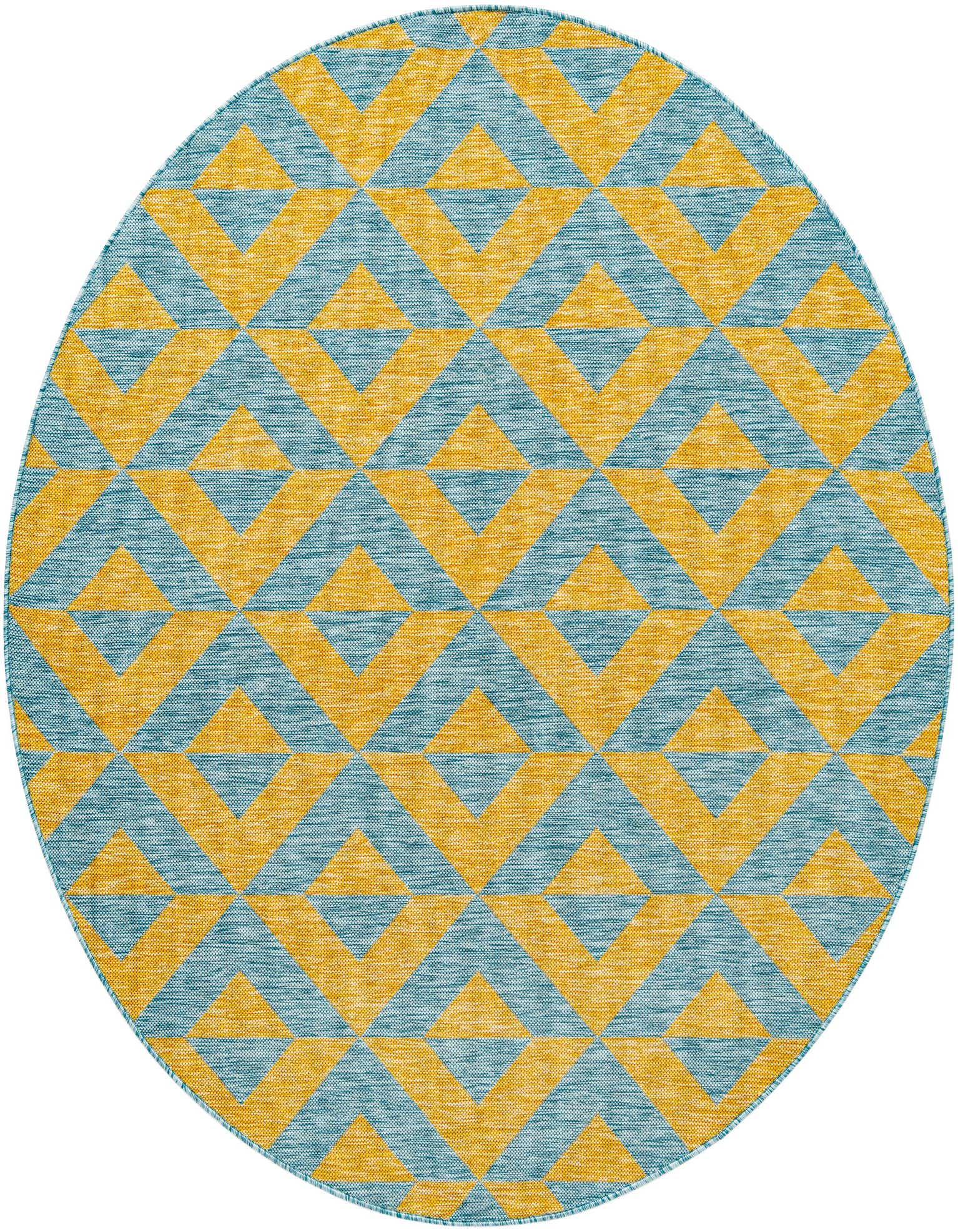 A 6' 7 round Jill Zarin Outdoor rug featuring a modern trellis pattern in vibrant blue and gold, suitable for indoor or outdoor use.