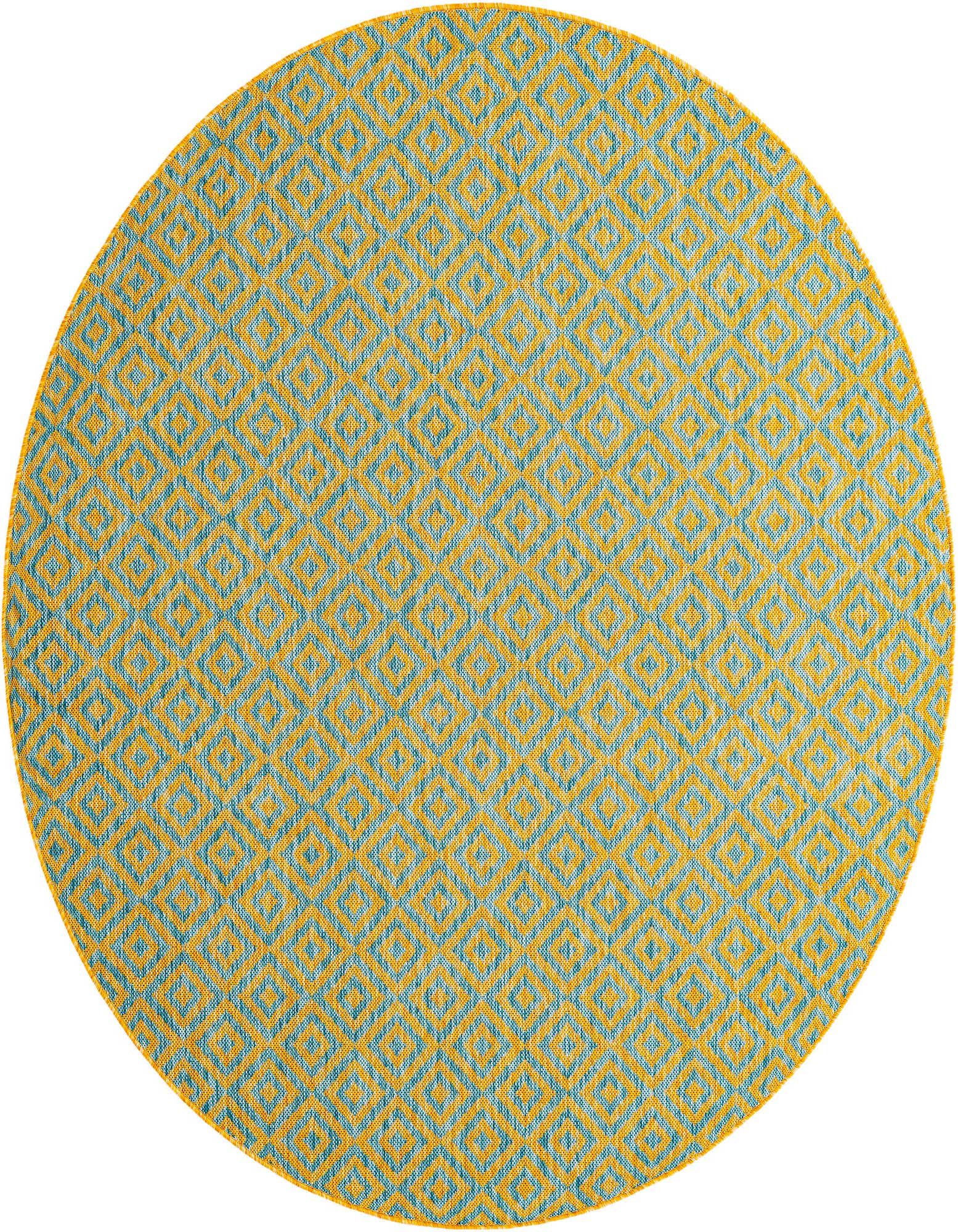A round 6' 7 x 6' 7 indoor/outdoor rug featuring a vibrant blue and gold geometric trellis pattern.