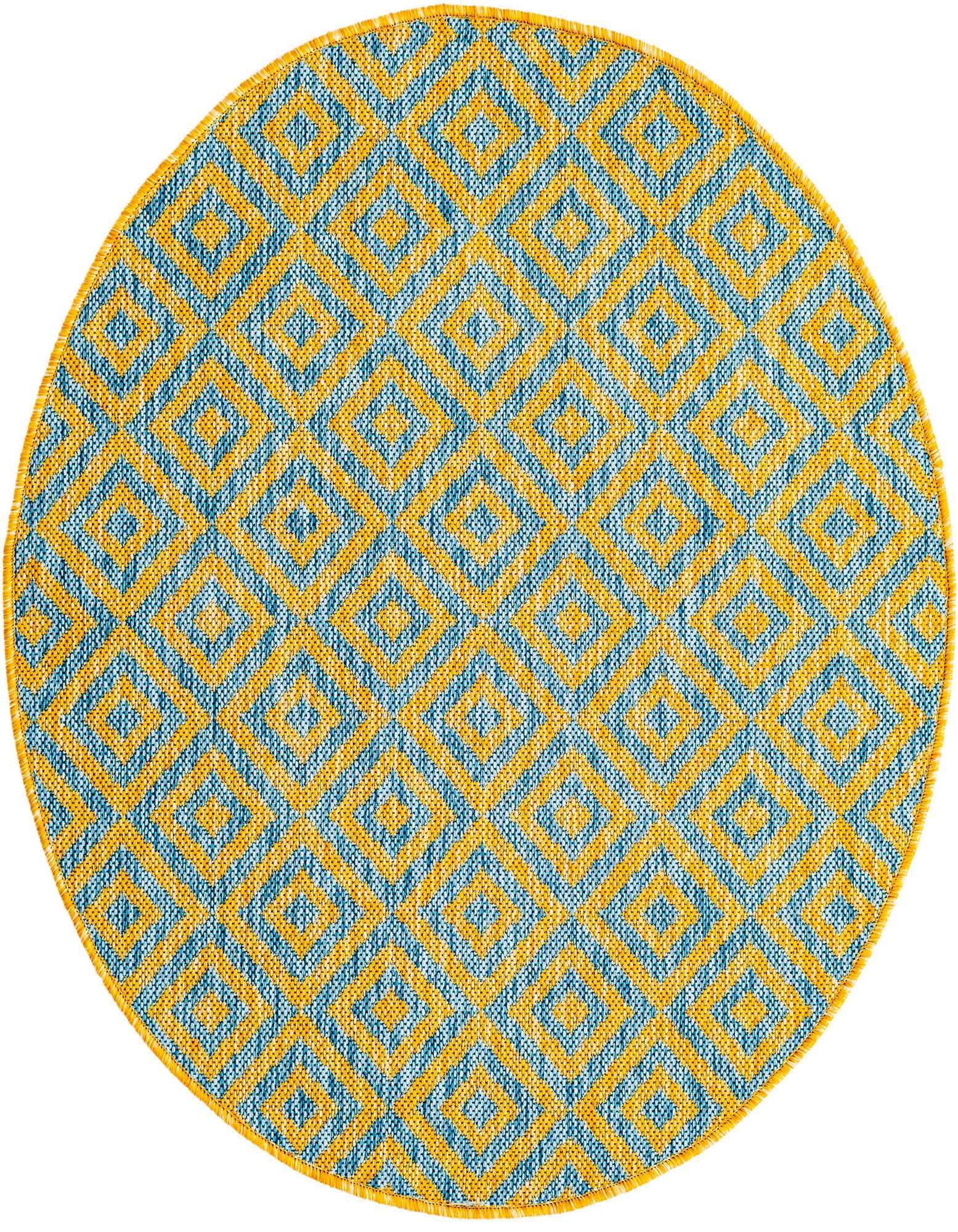 A round 3' 0 x 3' 0 indoor/outdoor rug with a blue and yellow/gold geometric trellis pattern.