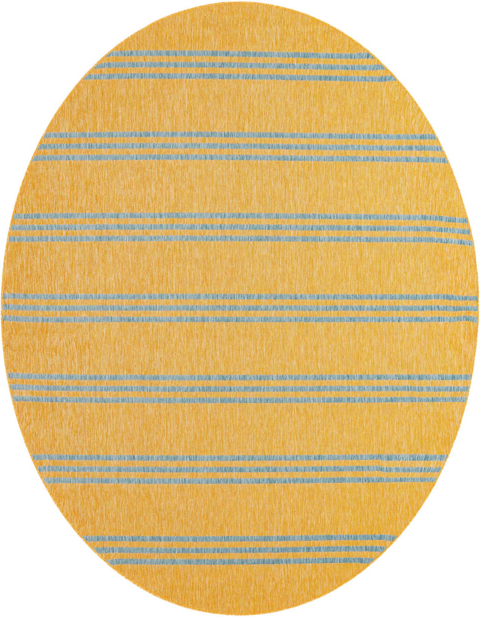 A round 10' 8 x 10' 8 Jill Zarin Outdoor rug in gold with thin blue and white horizontal stripes, suitable for a patio.