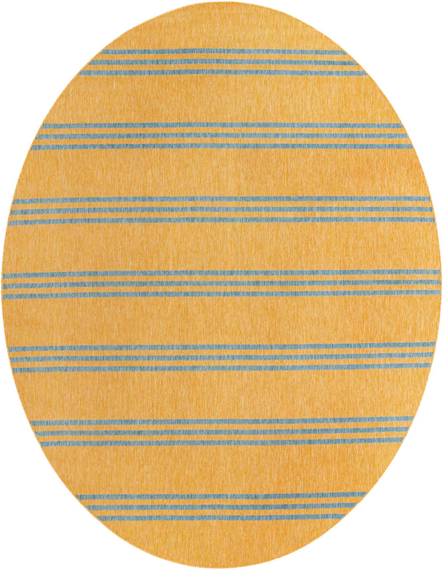 A large round 13' yellow and blue striped indoor/outdoor rug with a textured flatweave.