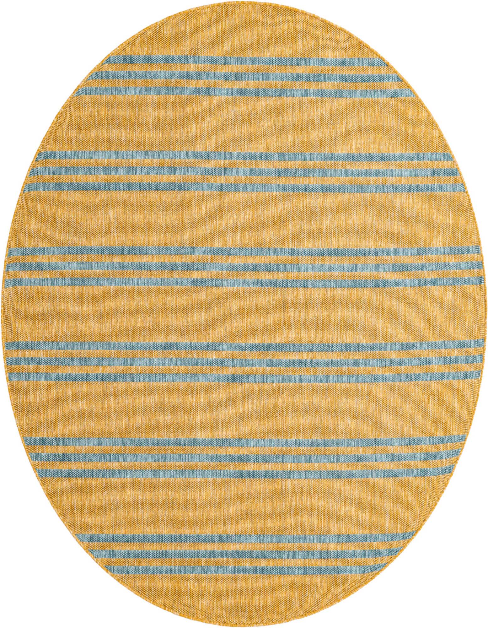 A round 6' 7 x 6' 7 Jill Zarin Outdoor rug featuring a modern stripe pattern in yellow and blue, suitable for a patio.