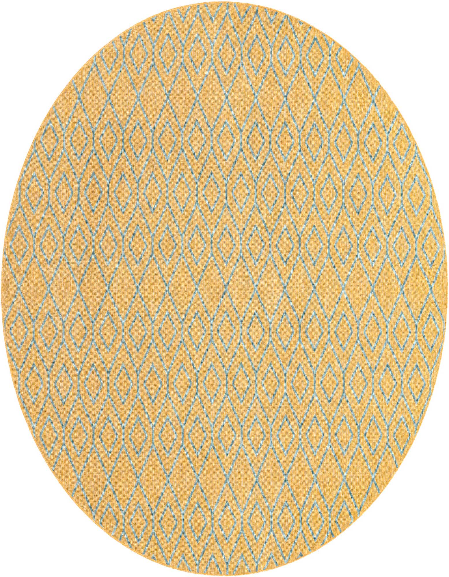 A 10' 8 round Jill Zarin Outdoor rug with a modern blue trellis pattern on a textured gold background.