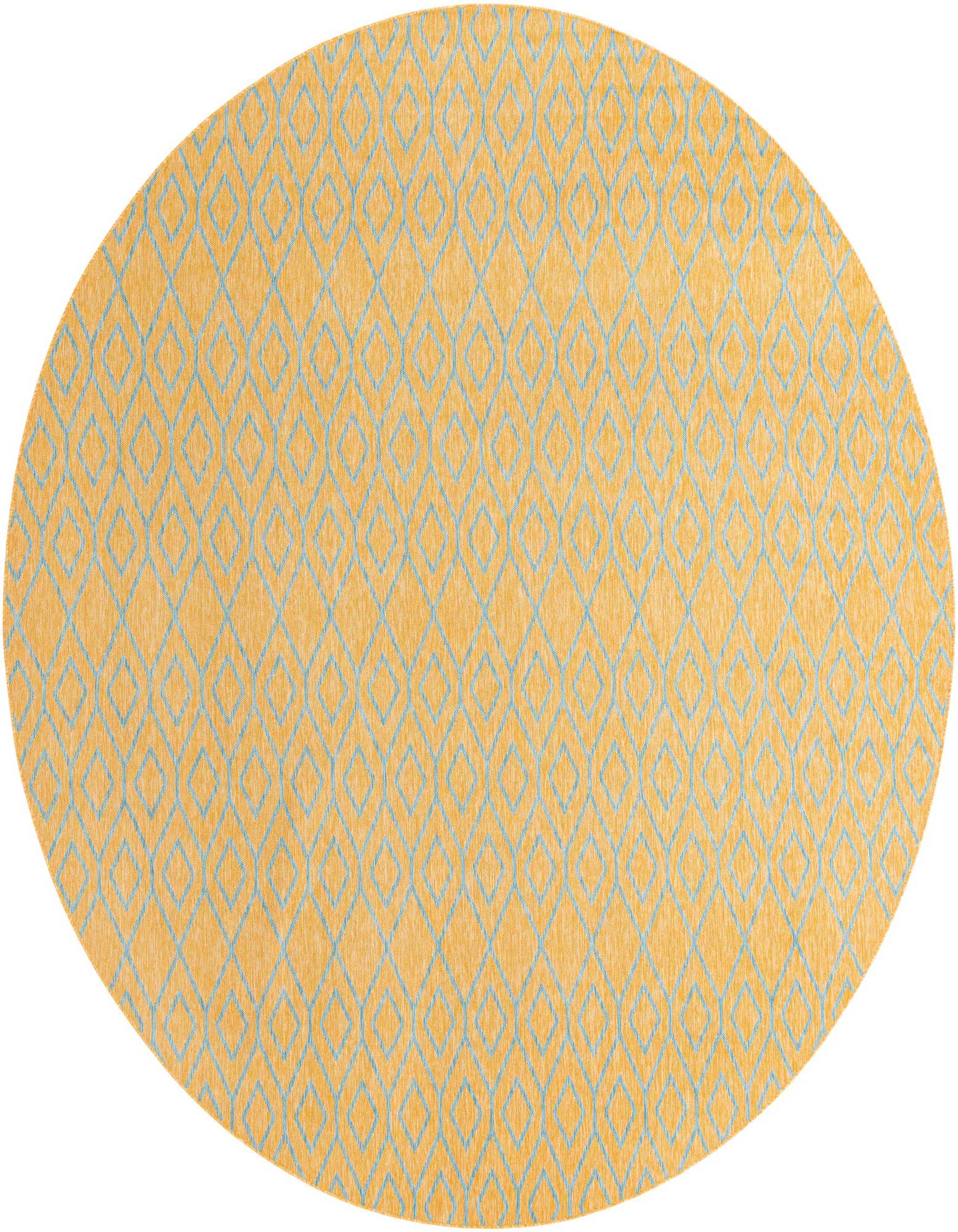 A round 13' yellow and blue outdoor rug with a modern trellis pattern, suitable for a patio.