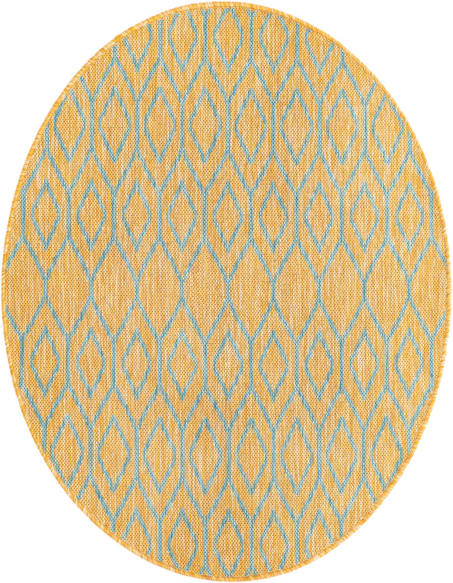 A 3' round indoor/outdoor rug featuring a modern blue trellis pattern on a textured yellow background.