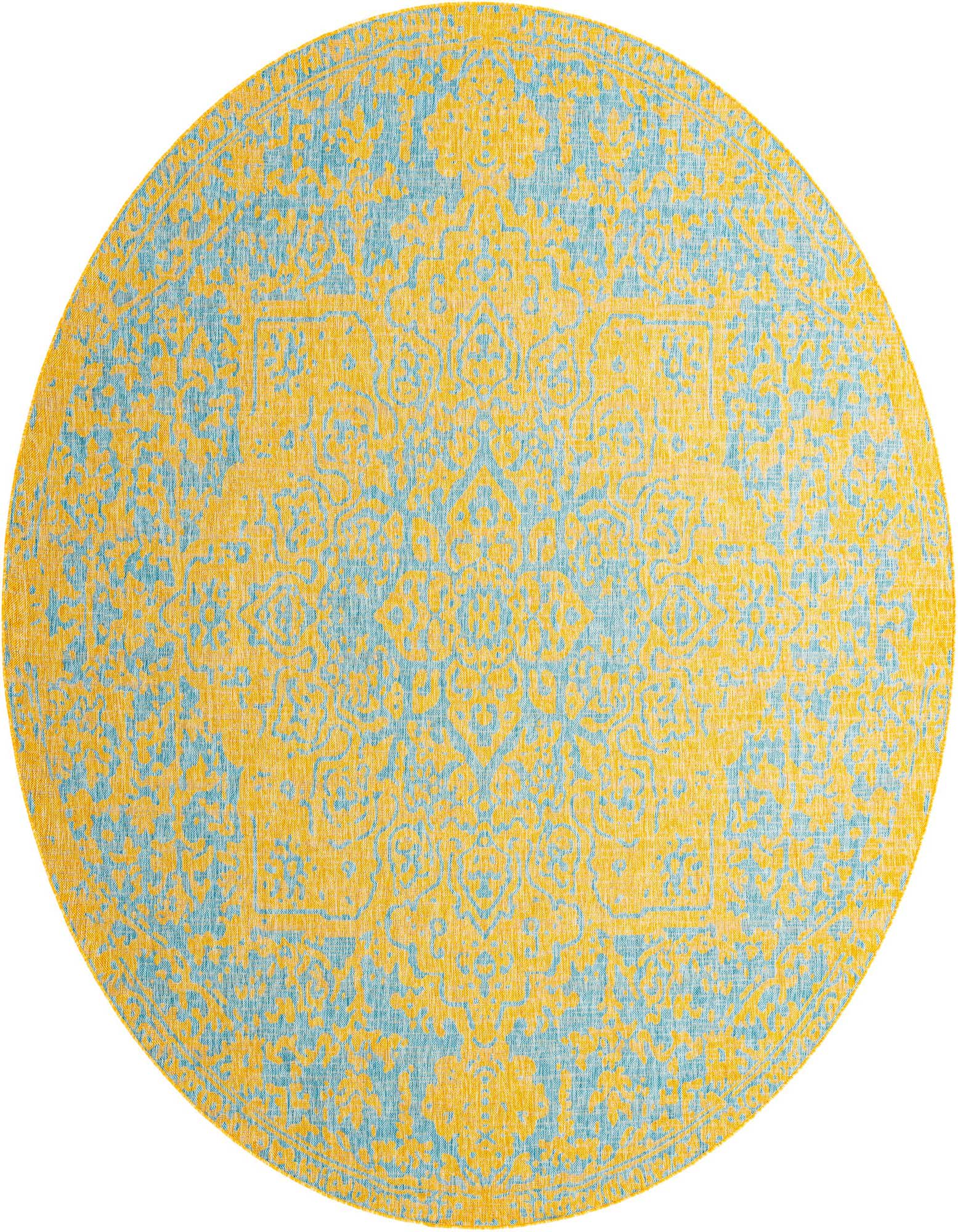 A round 10' 8 x 10' 8 Jill Zarin Outdoor rug in blue and gold with a traditional medallion pattern.