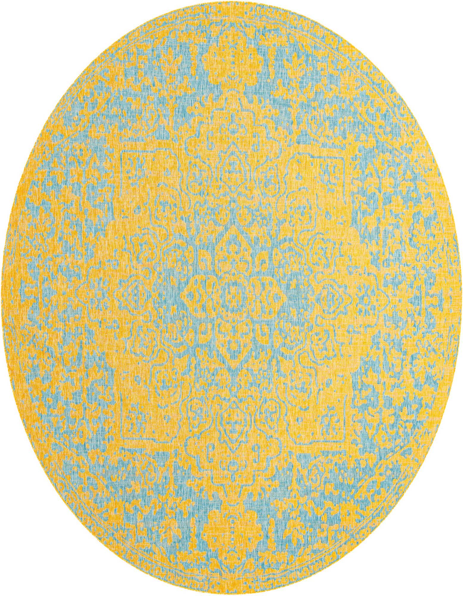 A 13-foot round Jill Zarin Outdoor rug featuring a distressed traditional medallion pattern in vibrant blue and yellow tones, suitable for a patio.