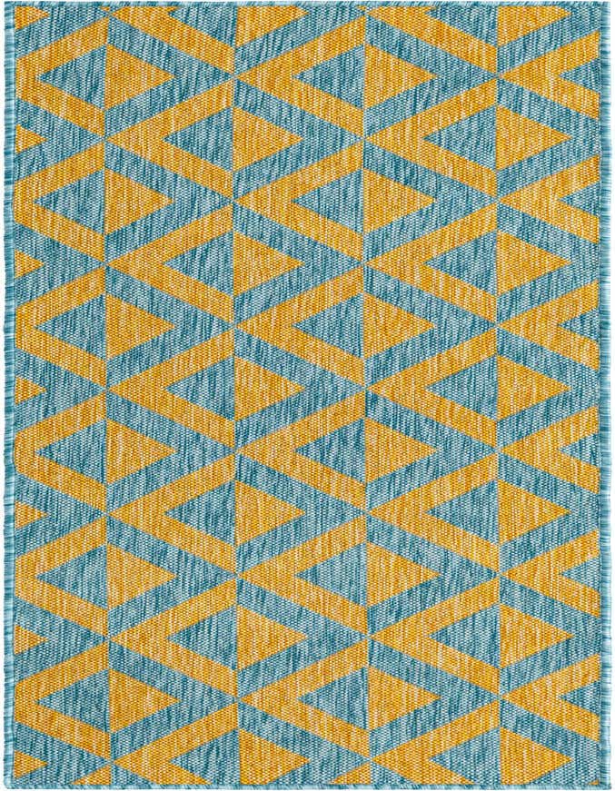 A 6 ft runner rug featuring a modern trellis pattern in alternating blue and gold geometric shapes, suitable for a hallway or patio.