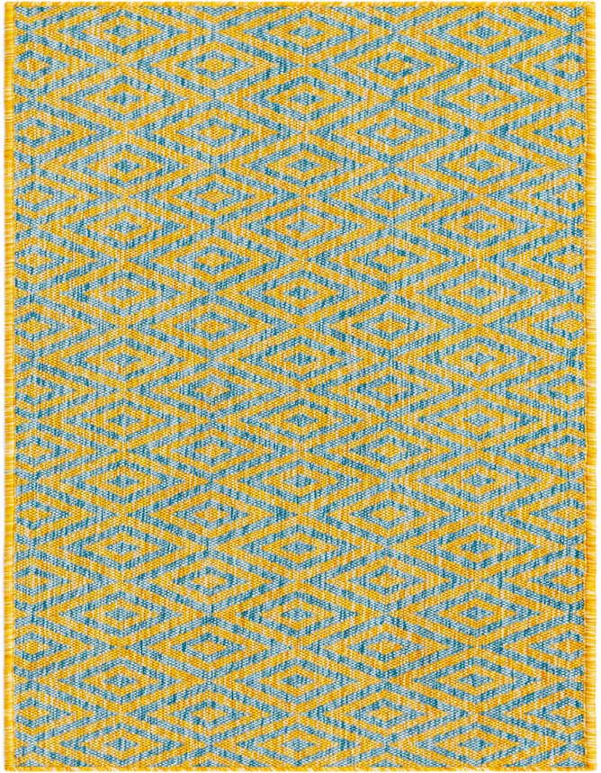A 6 ft runner rug featuring a repeating geometric trellis pattern in shades of blue and gold, suitable for a hallway or patio.