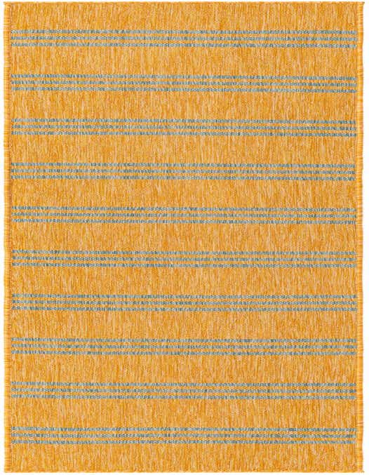 A Jill Zarin Outdoor 8 ft runner rug in a vibrant yellow-gold with thin blue and white stripes, ideal for a hallway or patio.