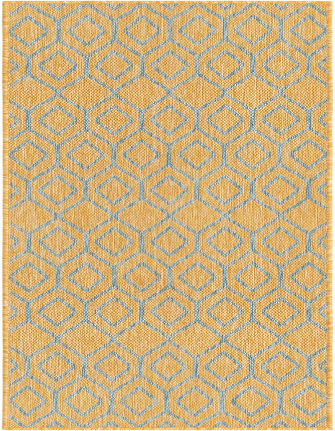 A 6 ft runner rug with a modern blue trellis pattern on a textured yellow and gold background, suitable for hallways or patios.