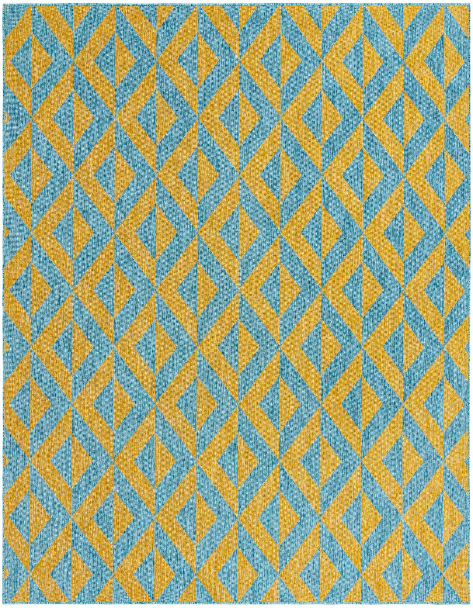 A 10' 8 x 10' 8 square indoor/outdoor rug featuring a vibrant blue and gold geometric trellis pattern.