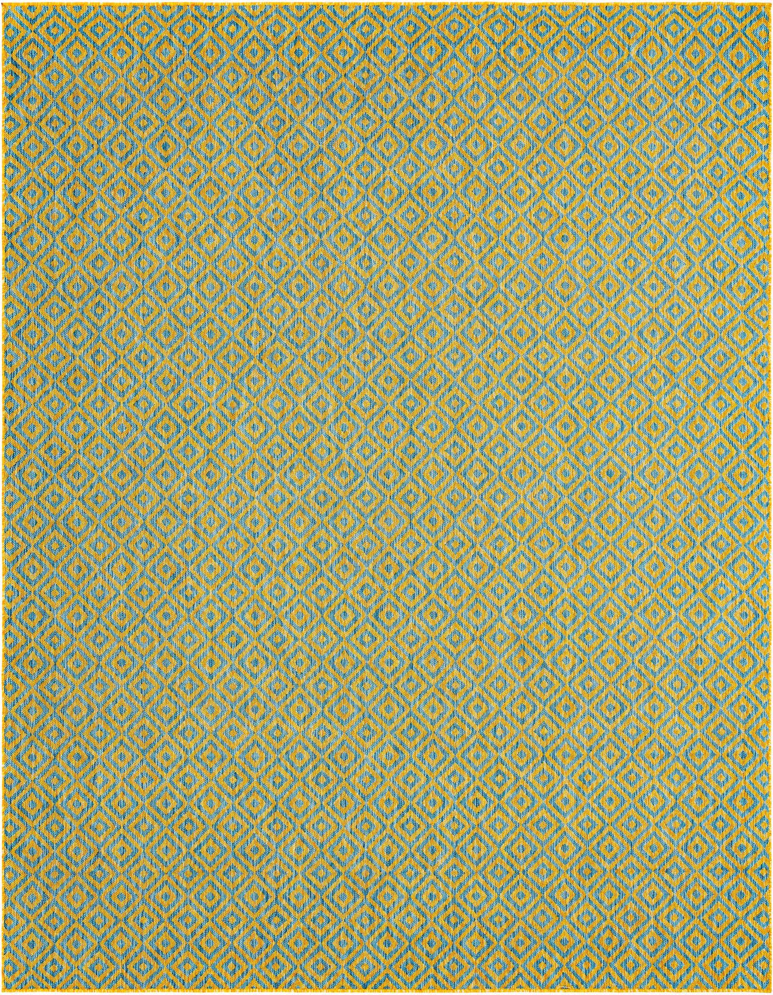 A 10' 8 x 10' 8 square Jill Zarin Outdoor rug featuring a blue and yellow/gold trellis pattern, ideal for a patio.