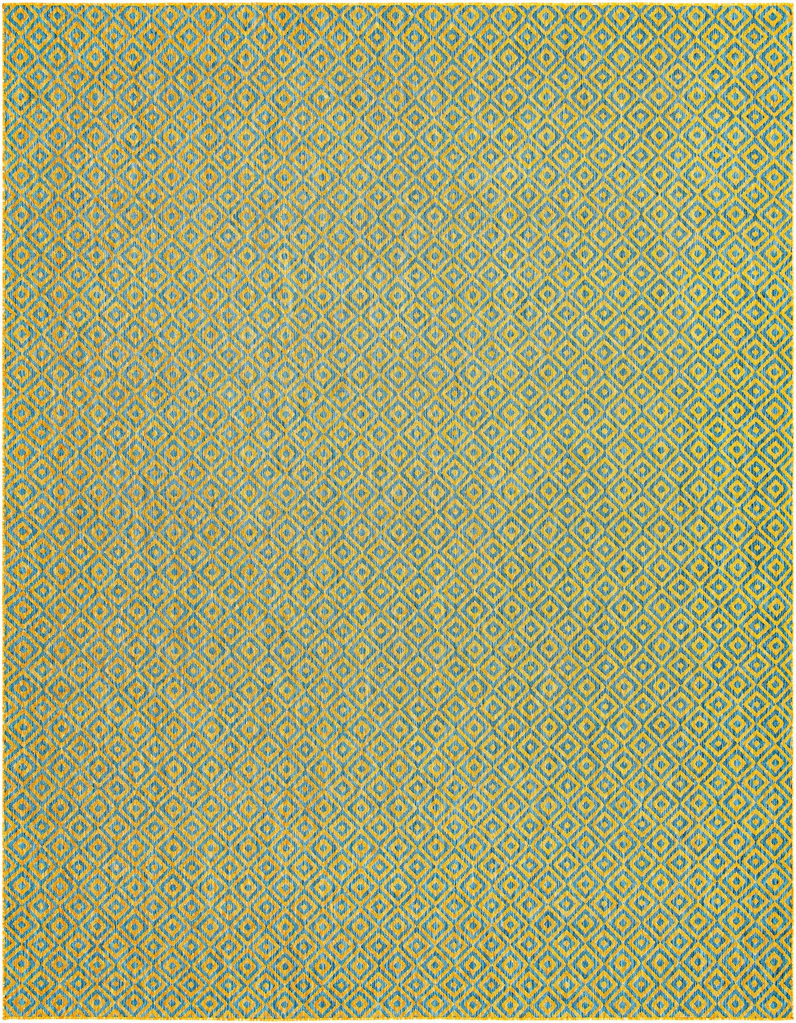 A 13' square blue and yellow bohemian trellis pattern rug, suitable for indoor or outdoor use.