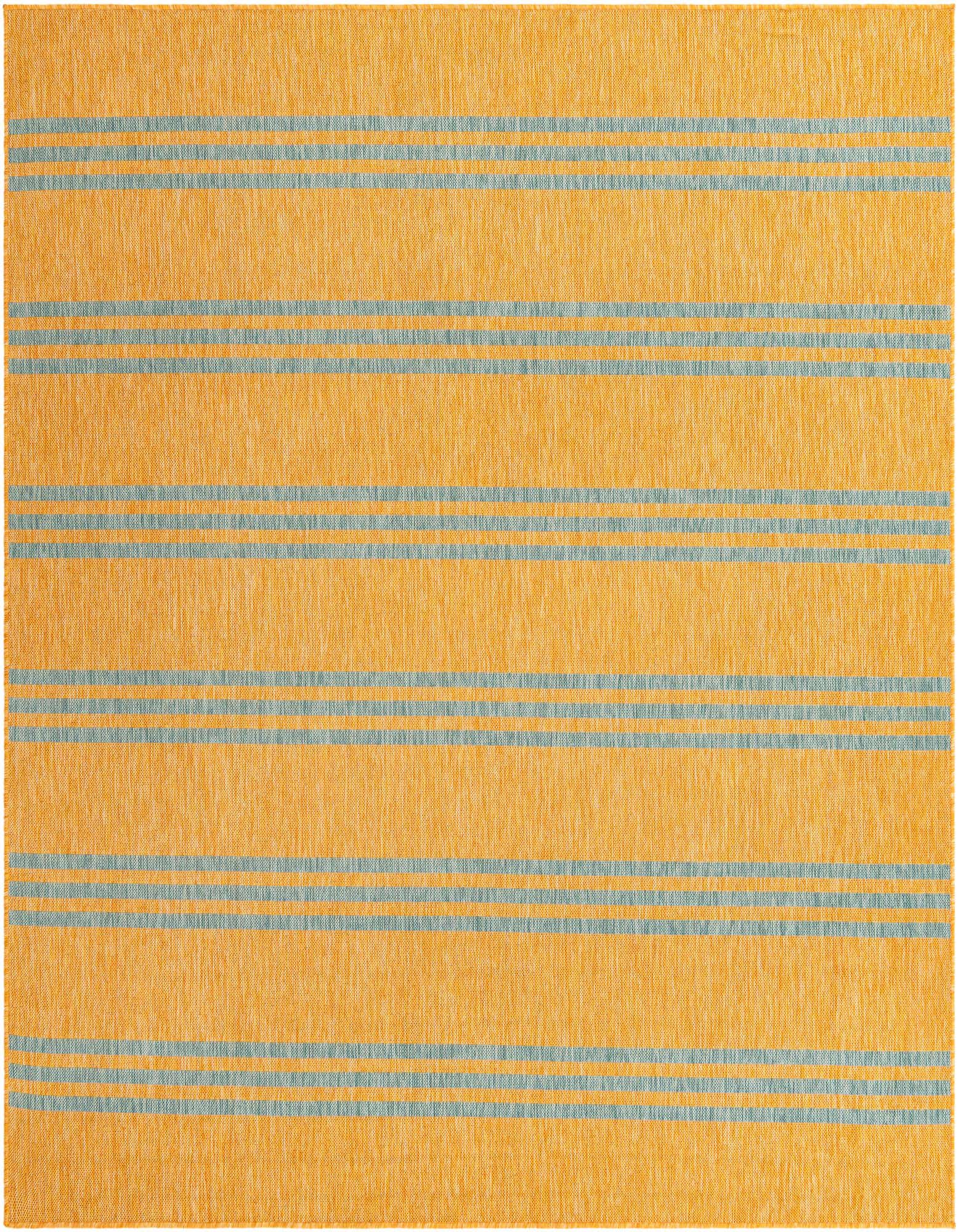 A 7' 10 x 7' 10 square Jill Zarin Outdoor rug featuring a modern stripe pattern in yellow-gold and blue, suitable for a patio.