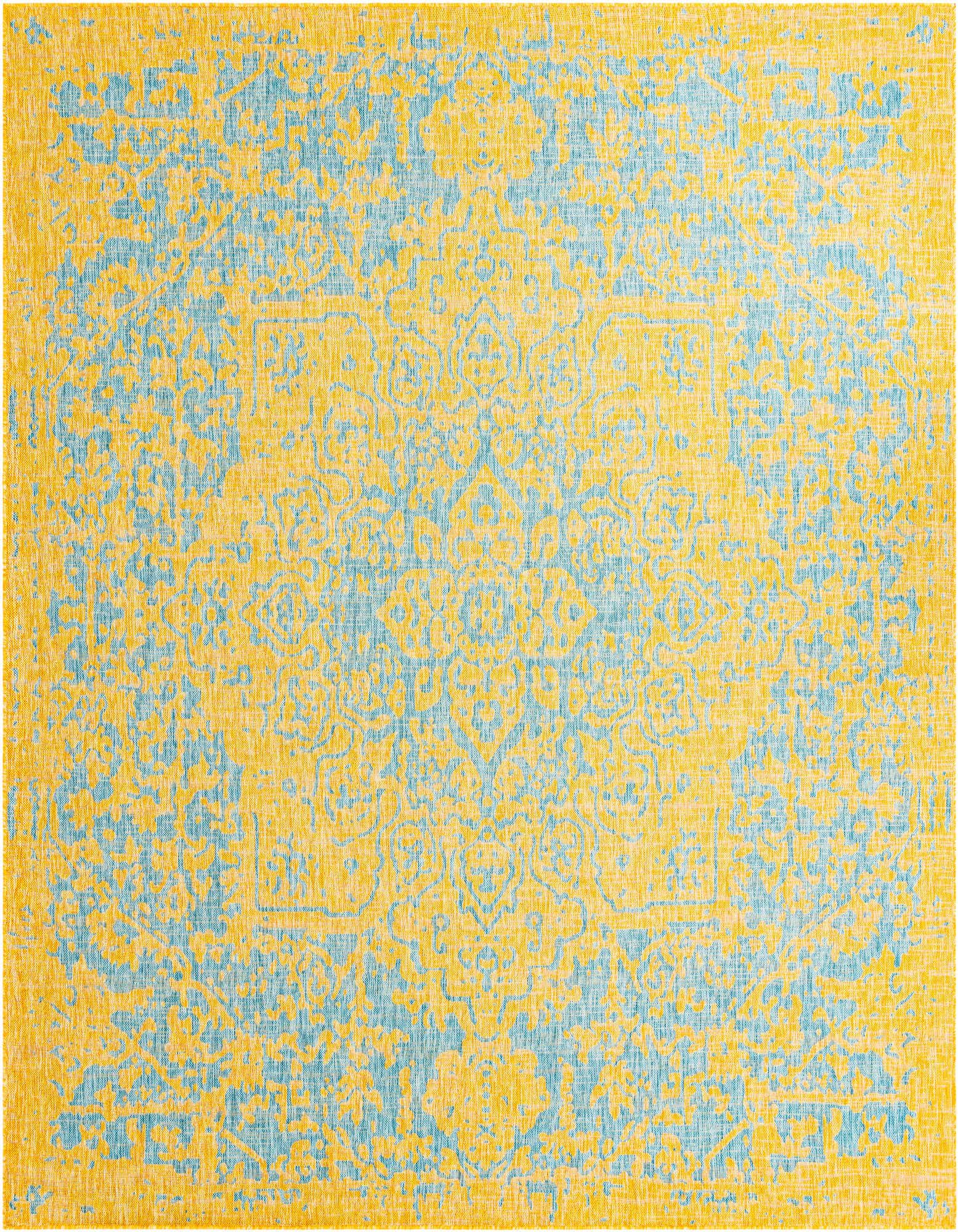 A 10' 8 x 10' 8 square Jill Zarin Outdoor rug featuring a distressed traditional medallion pattern in blue and yellow.