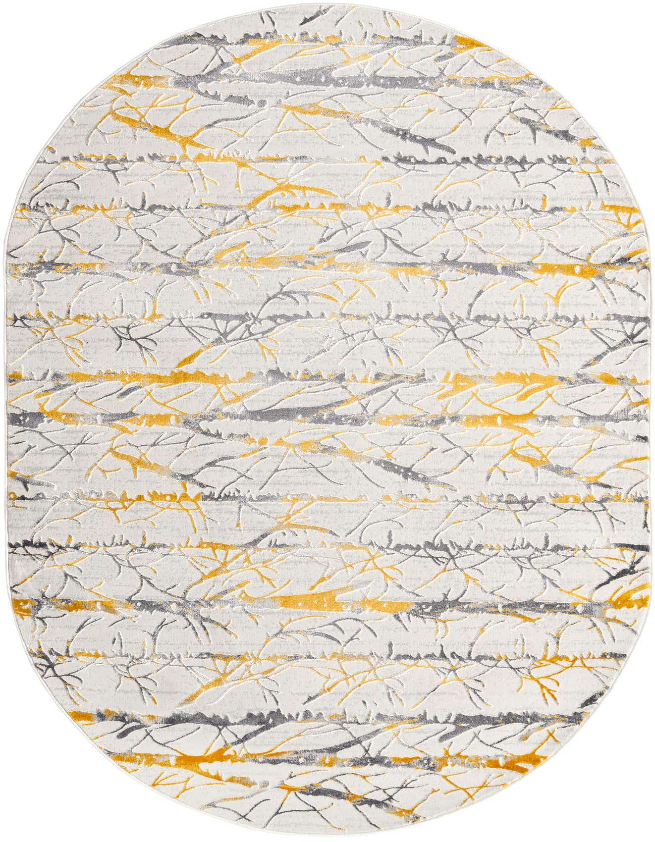 An oval 5' 3 x 8' 0 rug featuring a modern stripe pattern with yellow and gray abstract branches on a light background.