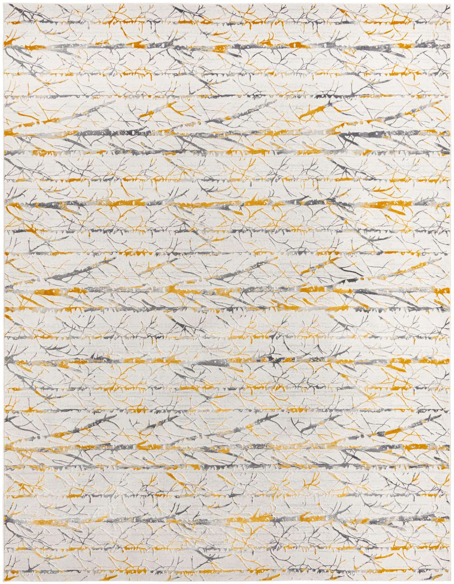 A 9x12 rectangular modern rug featuring horizontal stripes of yellow and gray branch-like patterns on a white background.