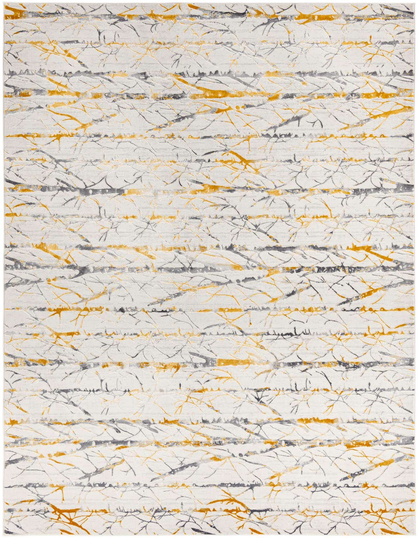 A 7x10 rectangular Finsbury rug with a modern yellow and gray stripe pattern over a light background, featuring a high-low textured pile.