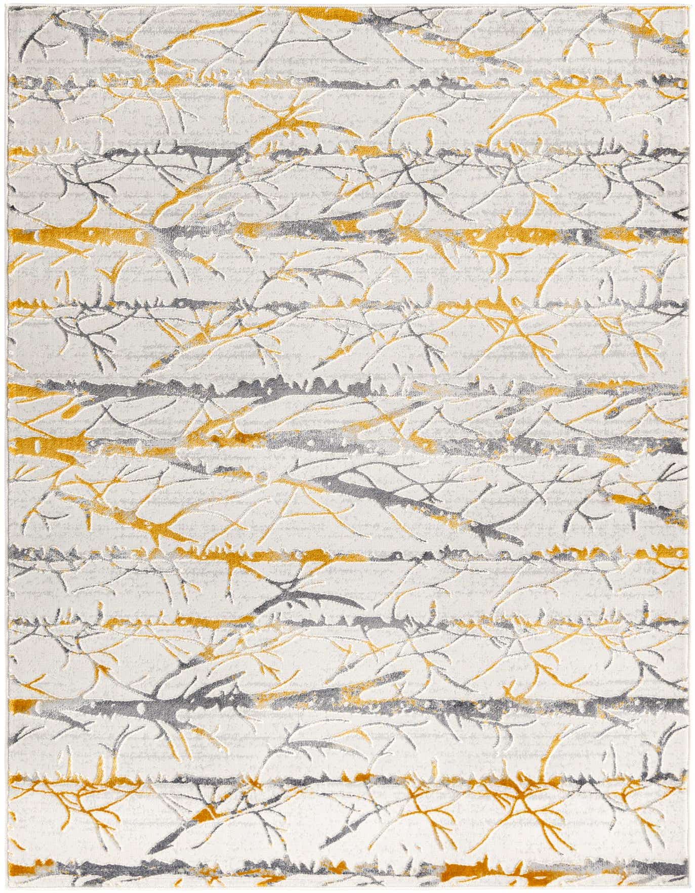 A 4x6 rectangular Finsbury rug with a modern stripe pattern in yellow and gray, featuring a high/low textured pile.