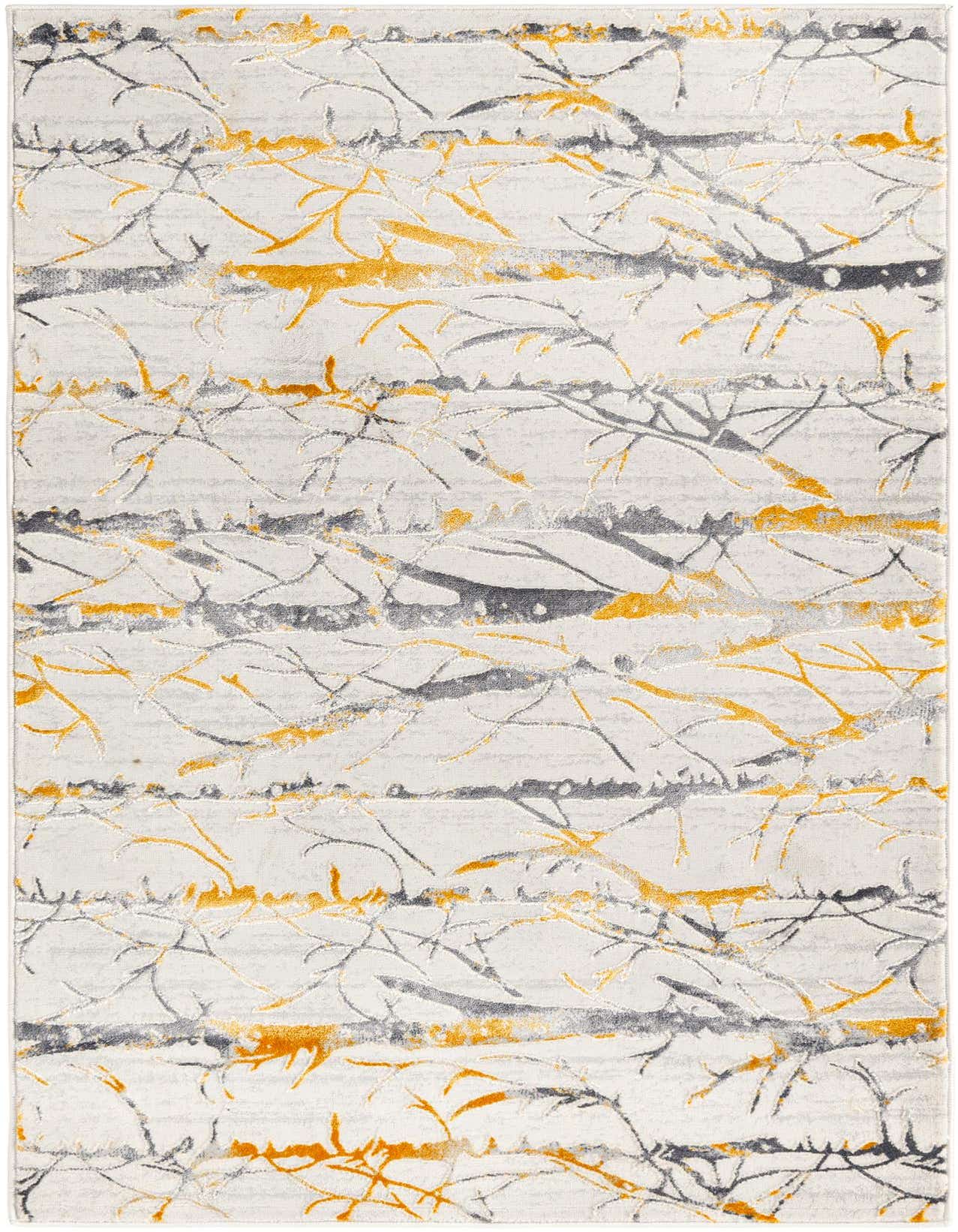 A 3x5 rectangular modern rug in yellow and gray, featuring a textured high/low stripe pattern with organic, branch-like details.