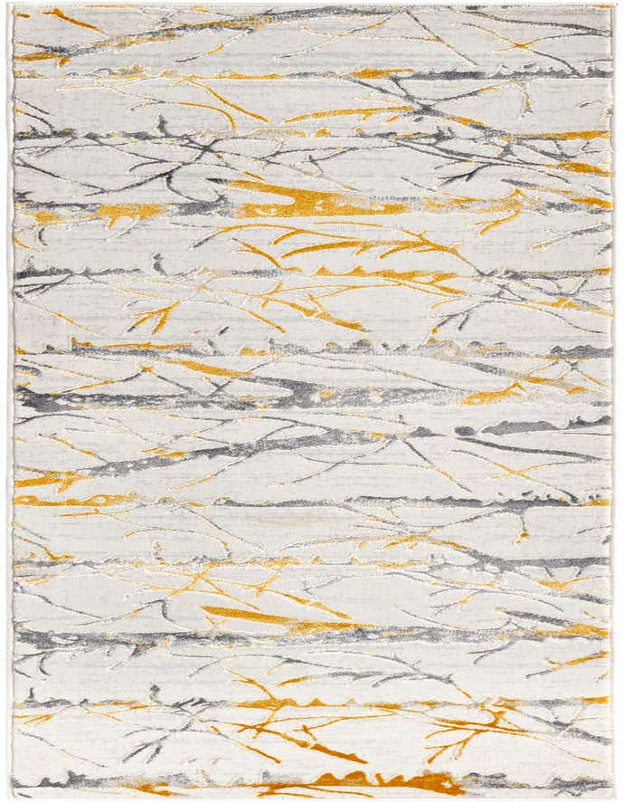 A 6 ft runner rug with a modern stripe pattern in yellow and gray on a light background, ideal for a hallway.