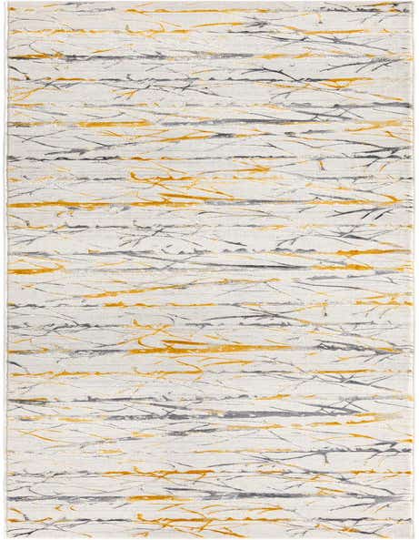 A 12 ft runner rug with a modern stripe pattern in yellow, gray, and white, ideal for a hallway.