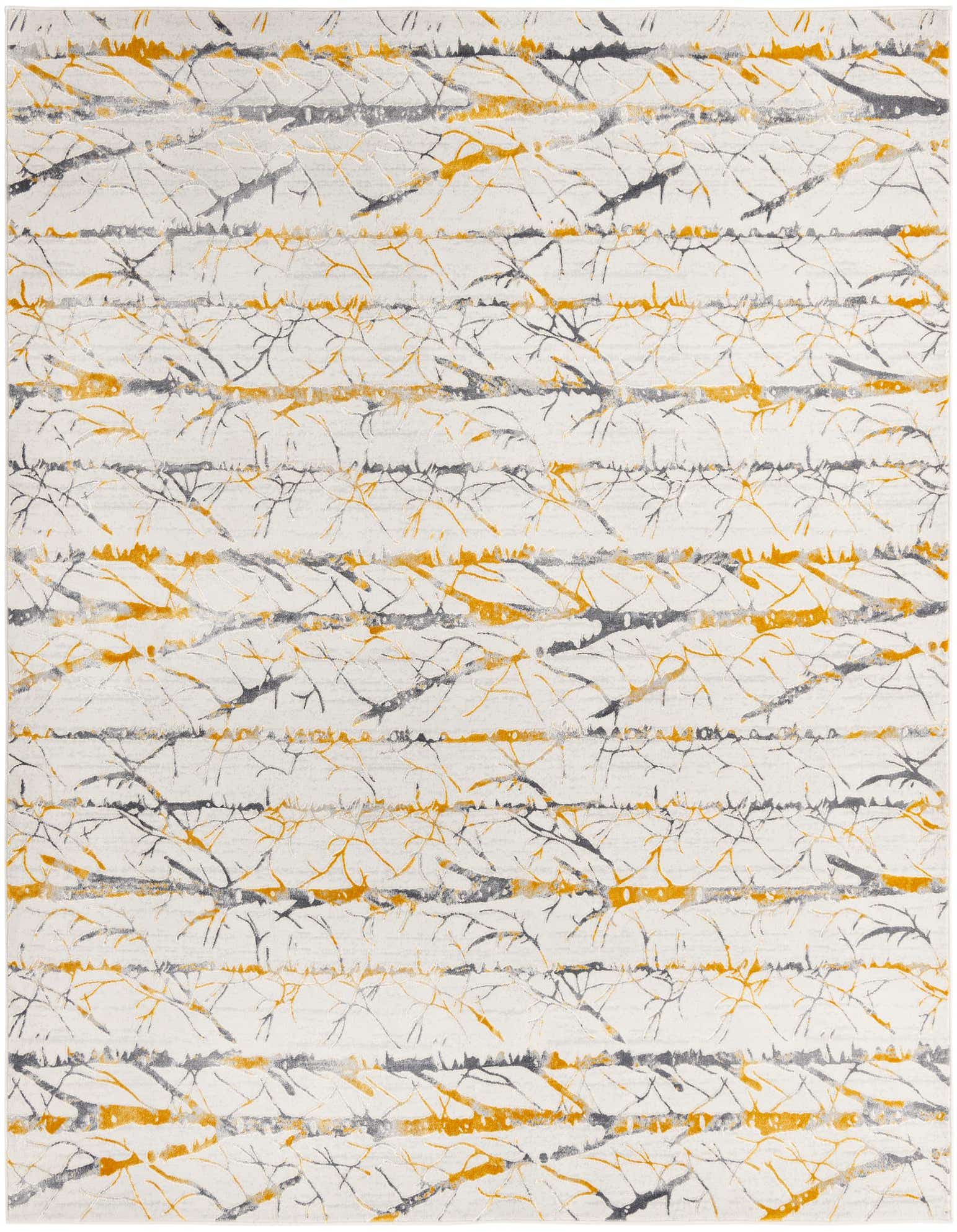 A modern 7' 10 x 7' 10 square rug with a high-low pile, featuring horizontal stripes of yellow and gray abstract branch-like patterns on a white background.