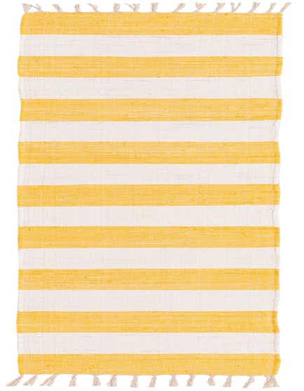 A 10 ft runner rug with bold horizontal stripes in alternating ivory and bright yellow, featuring tasseled ends.