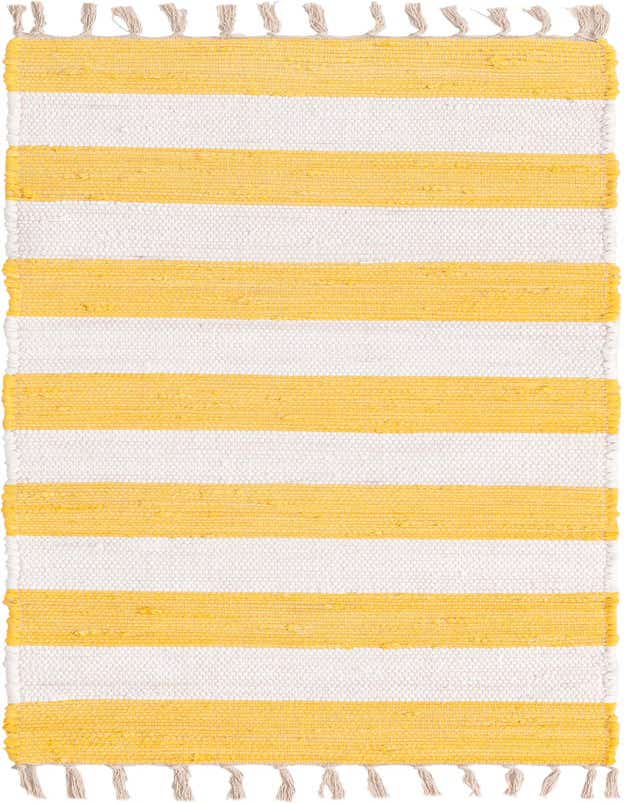 A 6 ft runner rug with bold horizontal stripes in alternating ivory and bright yellow, featuring natural fringe on the ends.