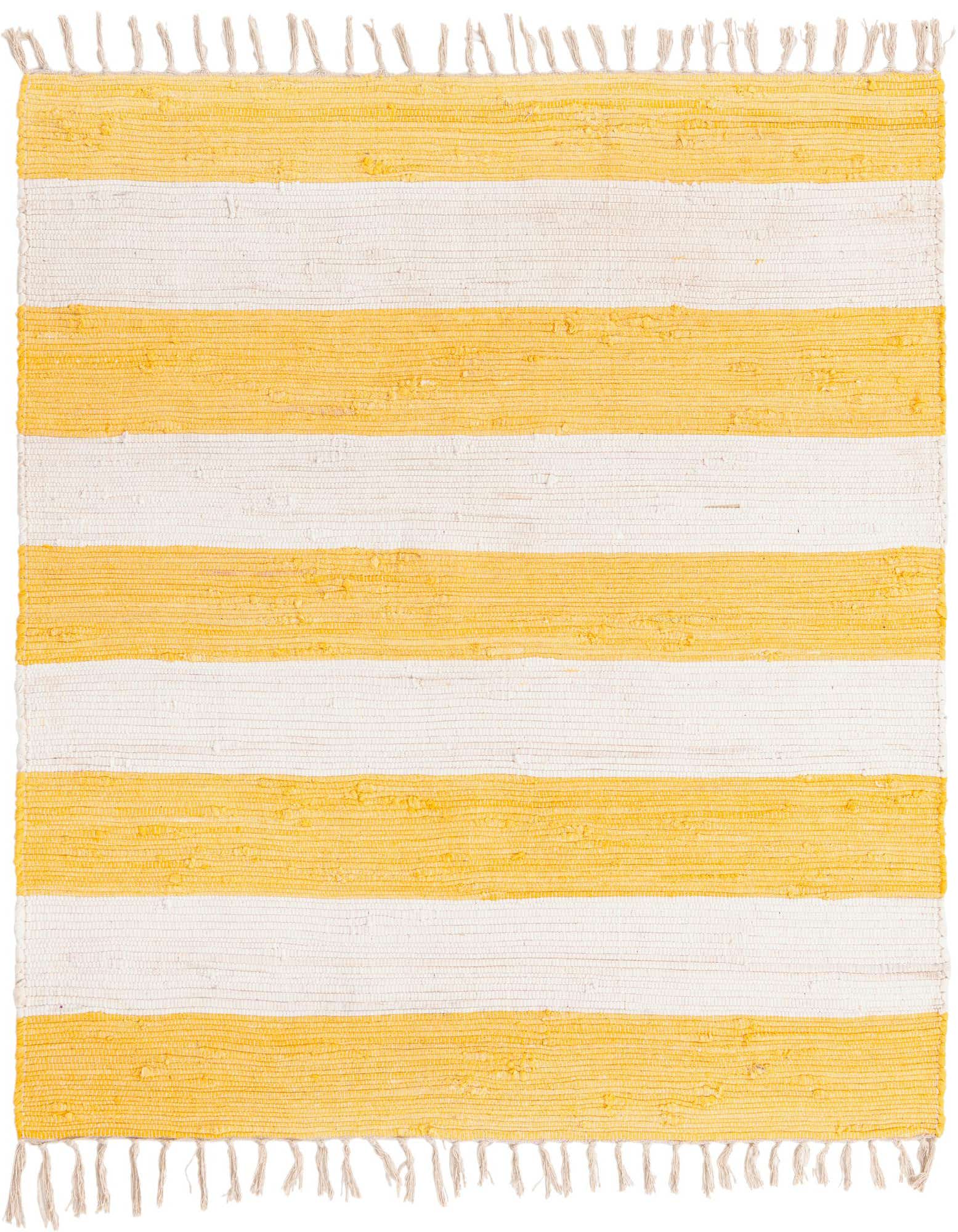 A 5' 1 x 5' 1 square Chindi Rag rug with alternating wide stripes of ivory and yellow, featuring fringed edges.