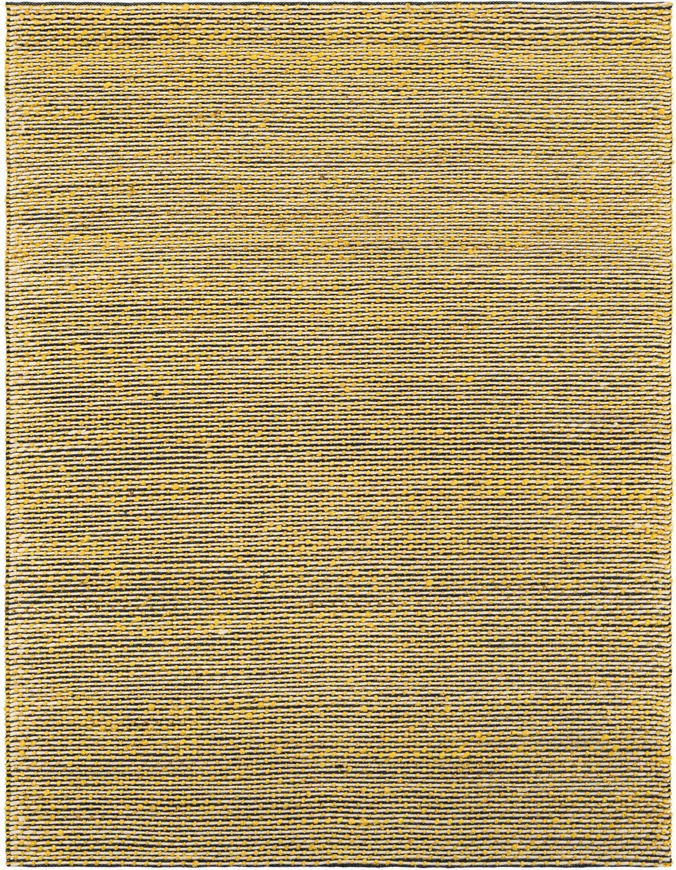 A 6x9 rectangular Seaside Pearl Jute rug with alternating thin stripes of textured blue and yellow/gold.