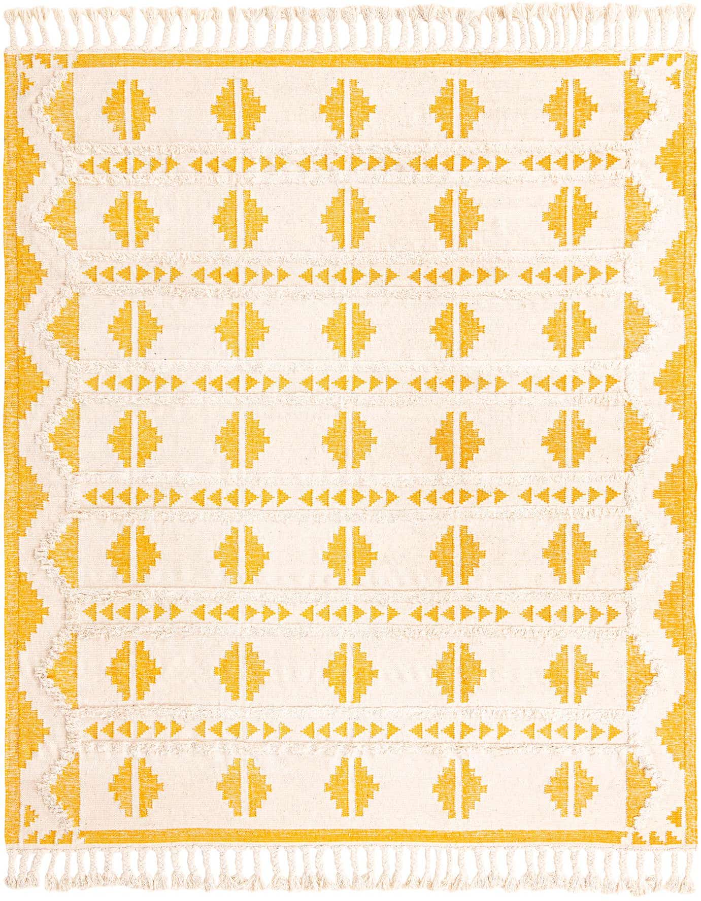 A 9x12 rectangular Rugs.com Arizona rug featuring a modern tribal pattern in yellow and white, with a shag pile and fringe.