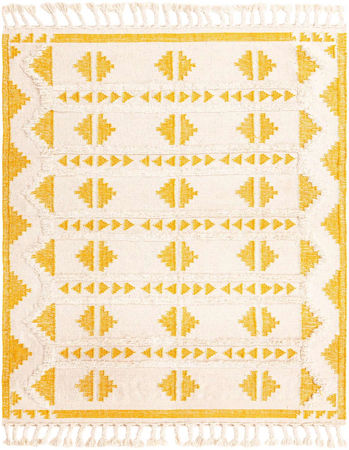 A 6x9 rectangular yellow and white tribal shag rug with abstract patterns and tassels, ideal for a living room.