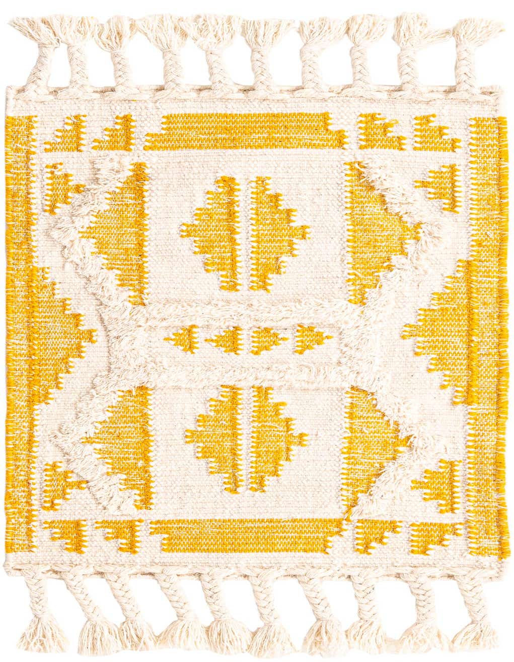 A 2x3 rectangular Arizona rug featuring a modern tribal pattern in yellow and white, with braided tassels.
