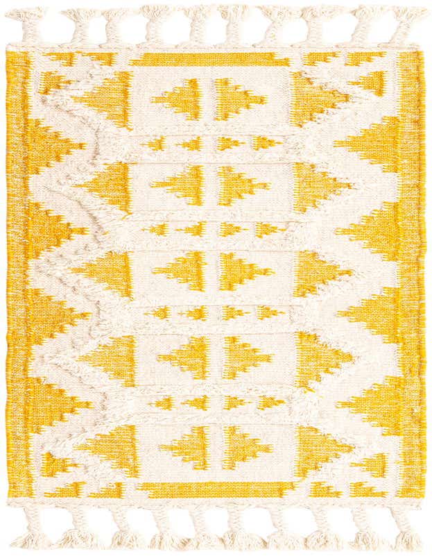 A 6 ft yellow and white tribal runner rug made of wool, featuring abstract geometric patterns and braided tassels.