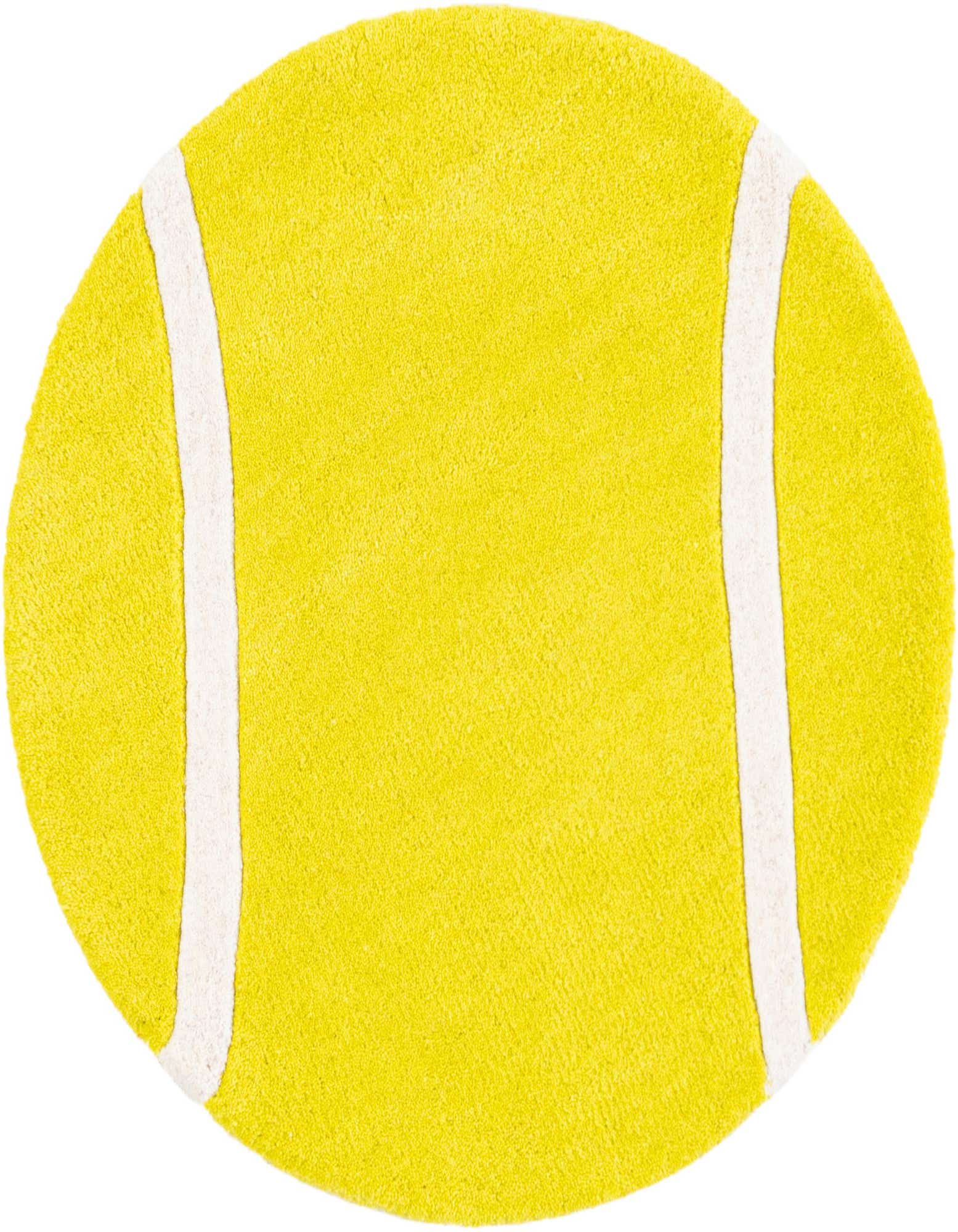 A vibrant yellow freeform rug shaped like a tennis ball with two white curved lines, ideal for a kids' room.